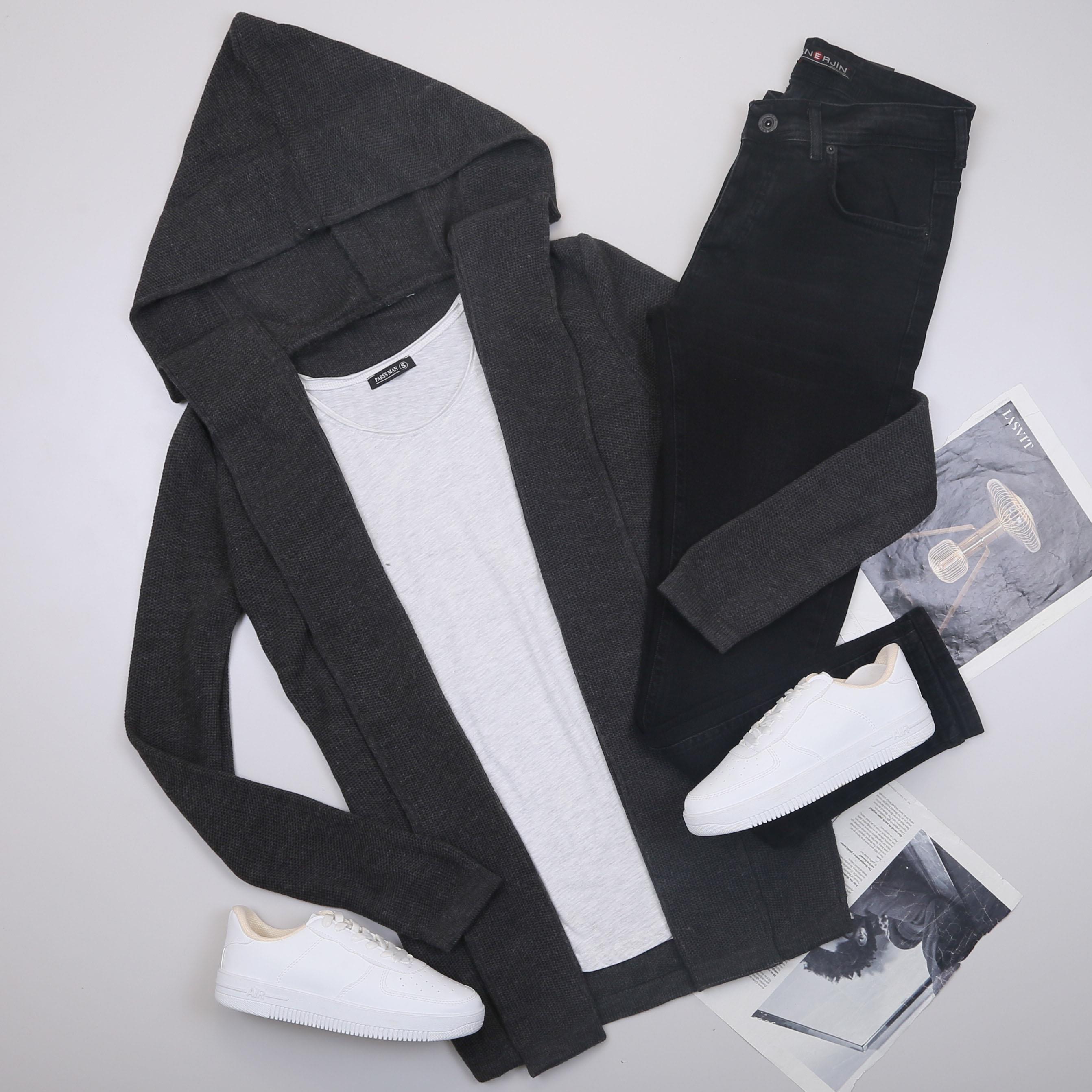 Füme Kapşonlu Hırka Tişört Pantolon Ayakkabı Kombin