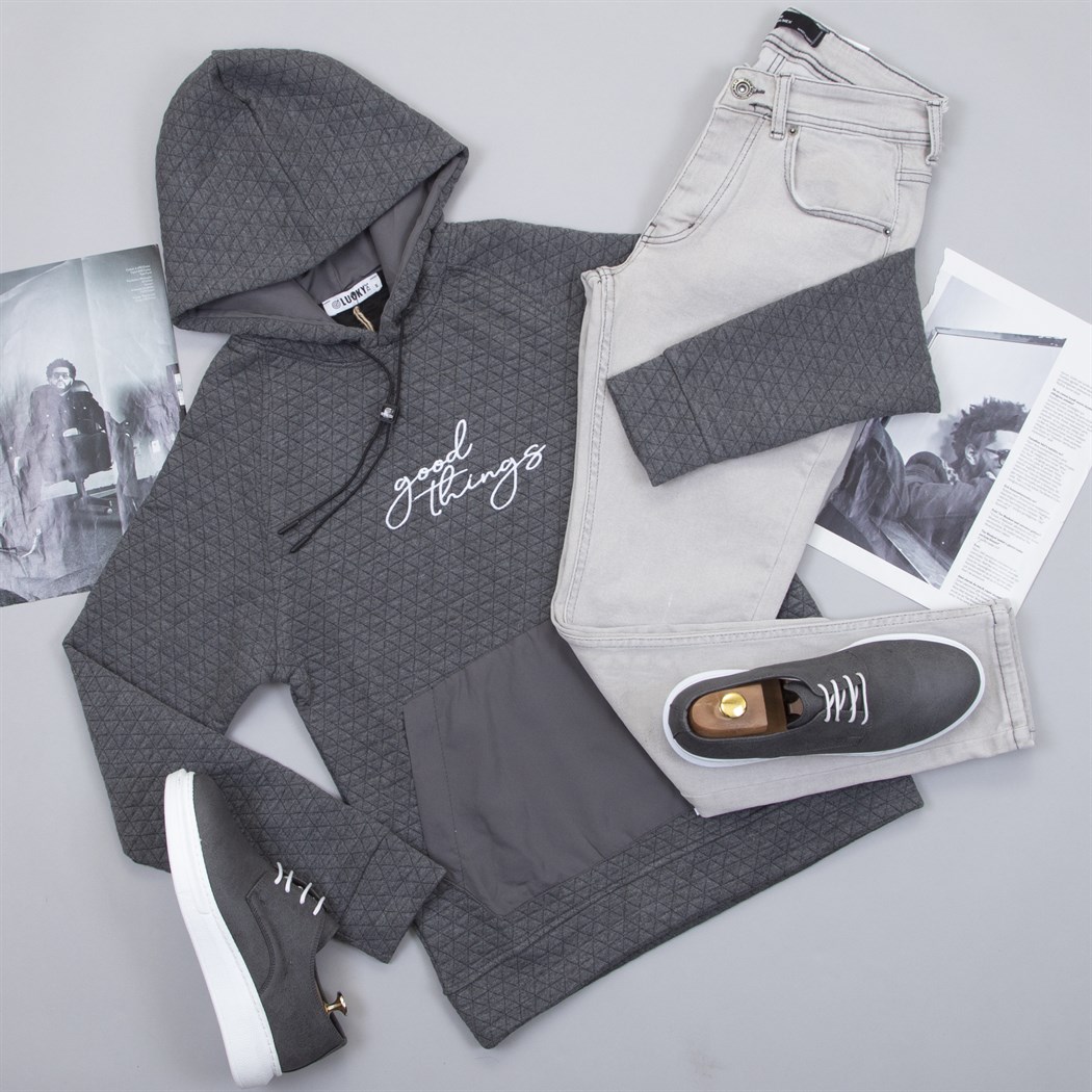 Füme Kapşonlu Sweat Pantolon Ayakkabı Kombin