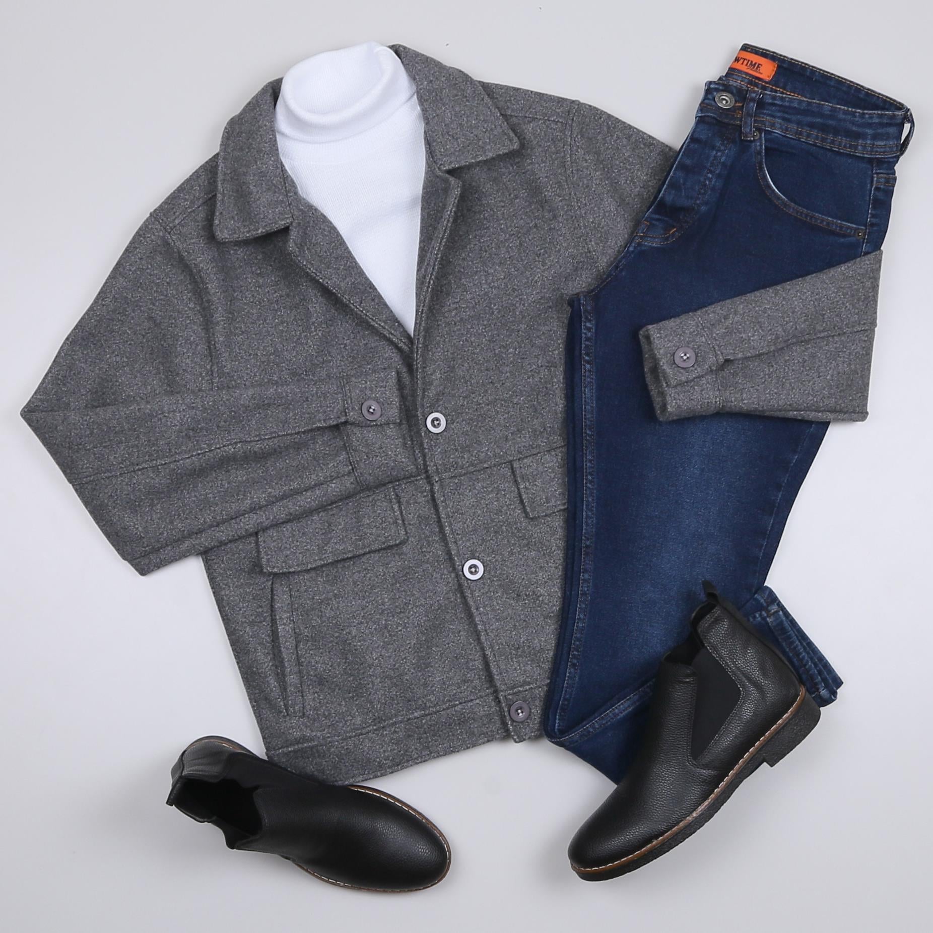 Füme Kaşe Ceket Boğazlı Body Kot Pantolon Bot Kombini