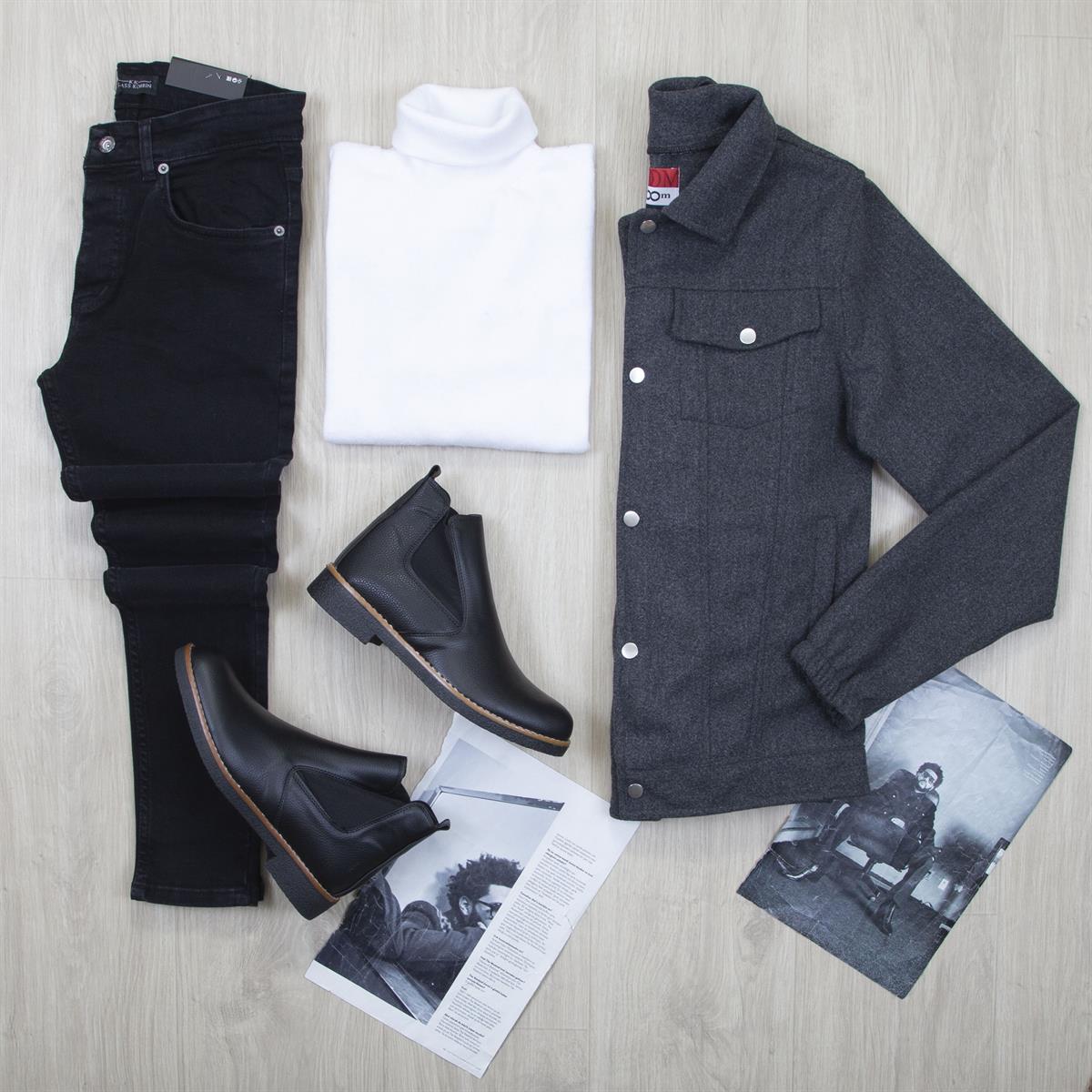 Füme Kaşe Ceket Boğazlı Body Pantolon Bot Kombin