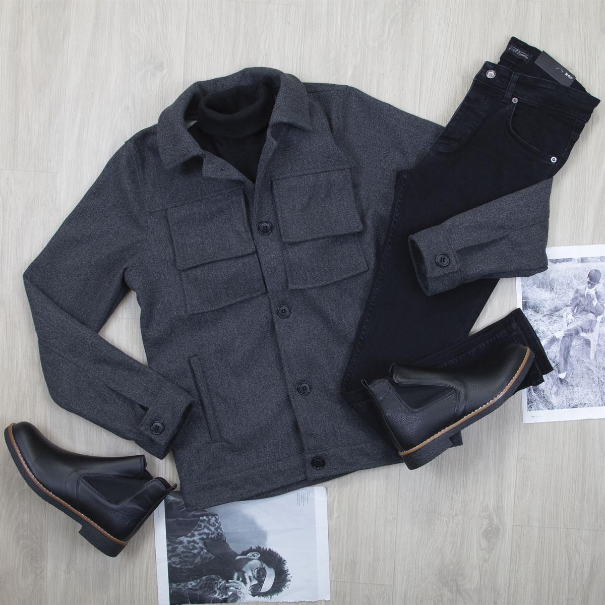 Füme Kaşe Ceket Boğazlı Body Pantolon Bot Kombin