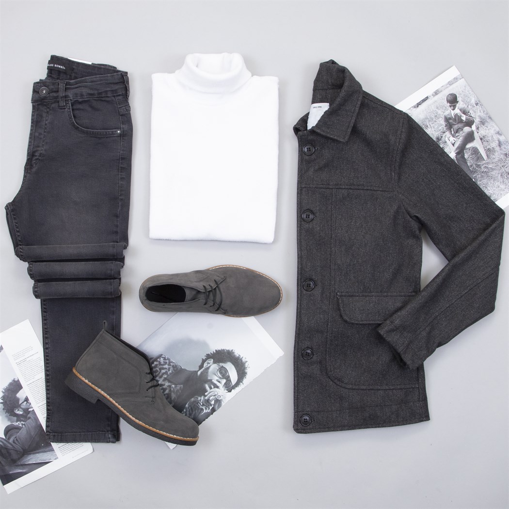 Füme Kaşe Ceket Boğazlı Kazak Pantolon Bot Kombin