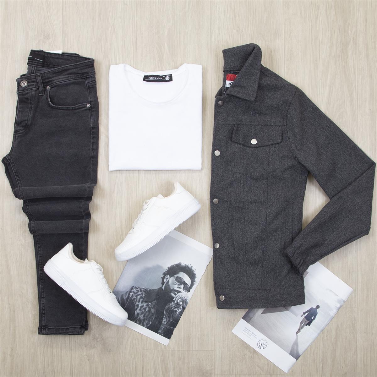 Füme Kaşe Ceket Tişört Pantolon Ayakkabı Kombin