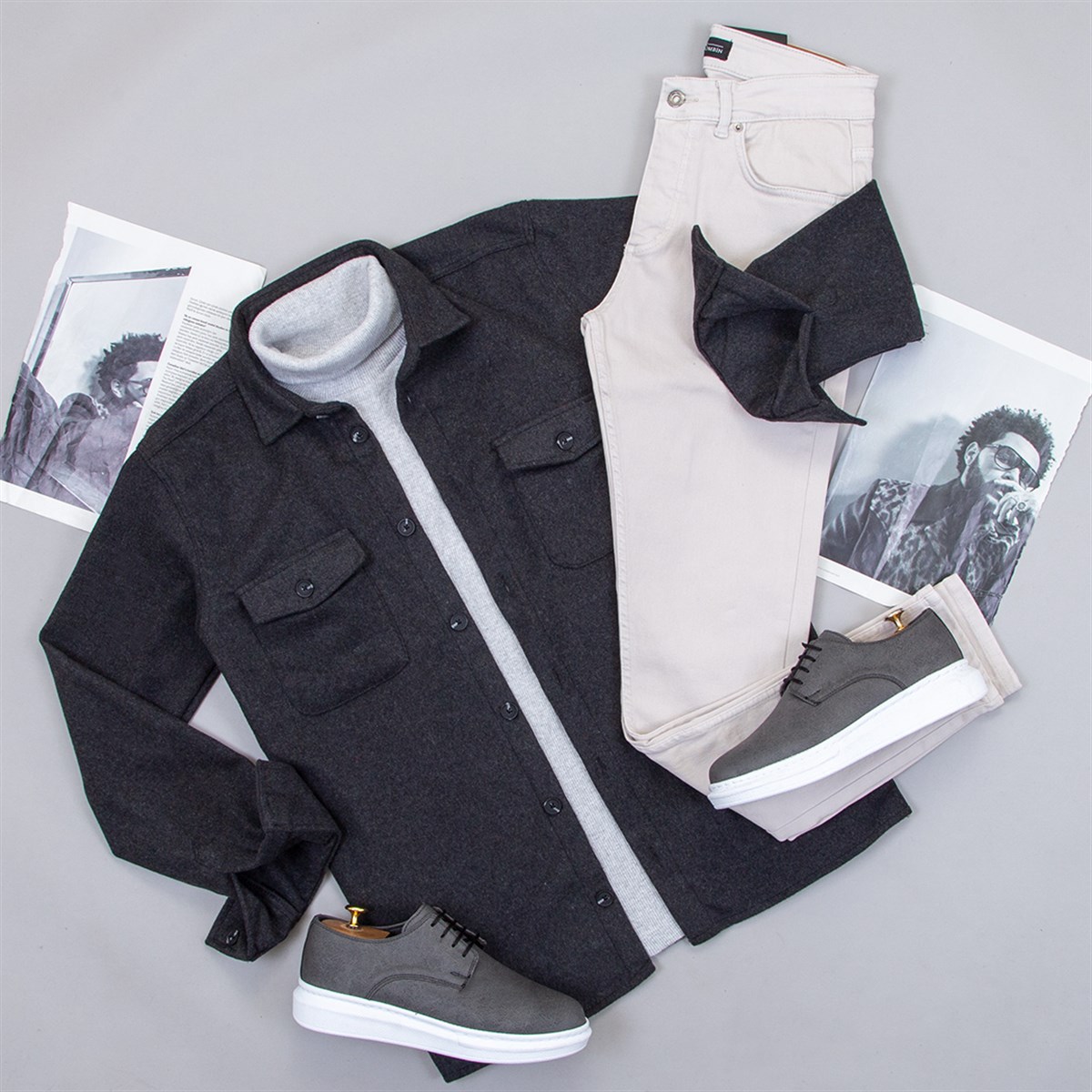 Füme Kaşe Gömlek Boğazlı Kazak Pantolon Bot Kombin