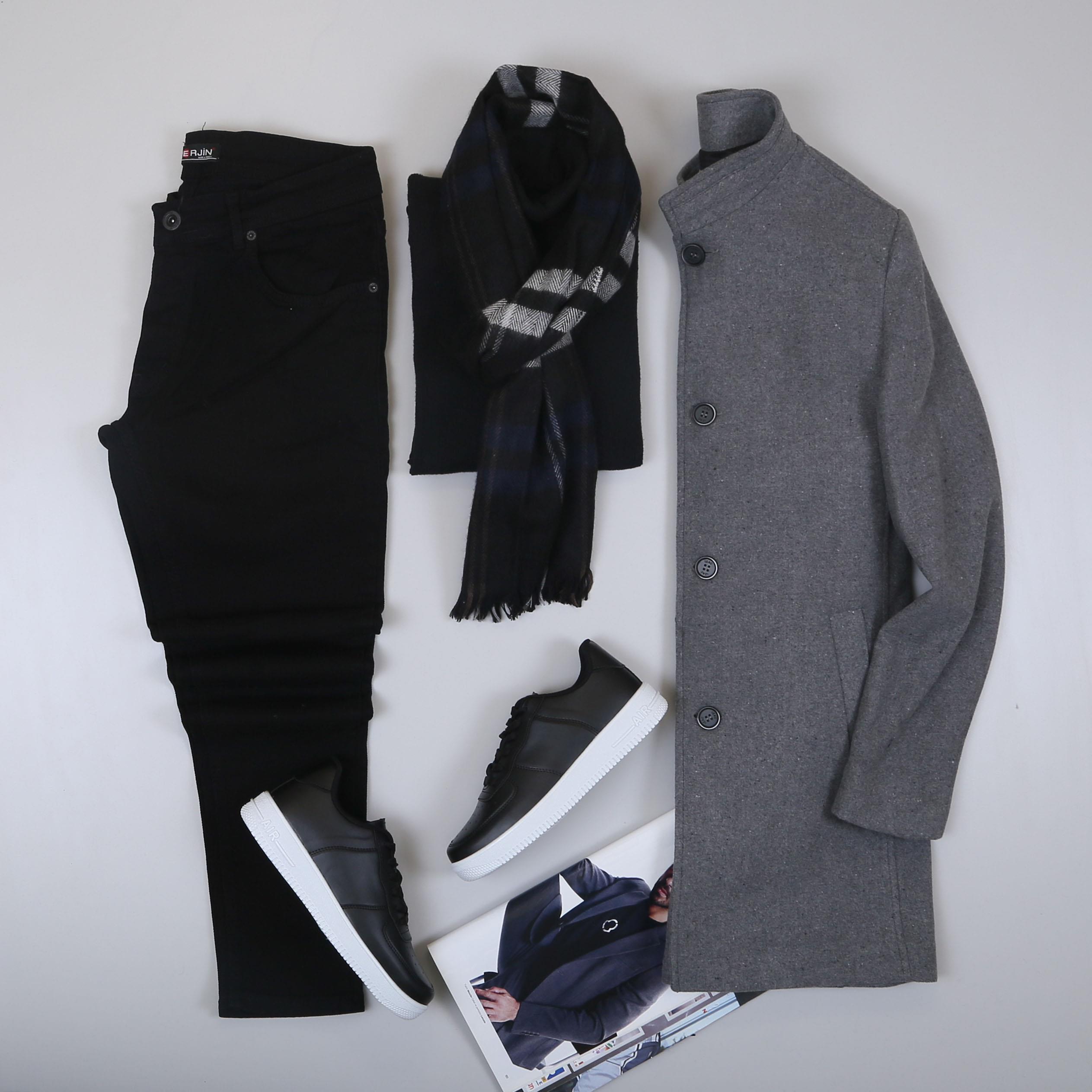 Füme Kaşe Kaban Boğazlı Body Pantolon Ayakkabı Kombin