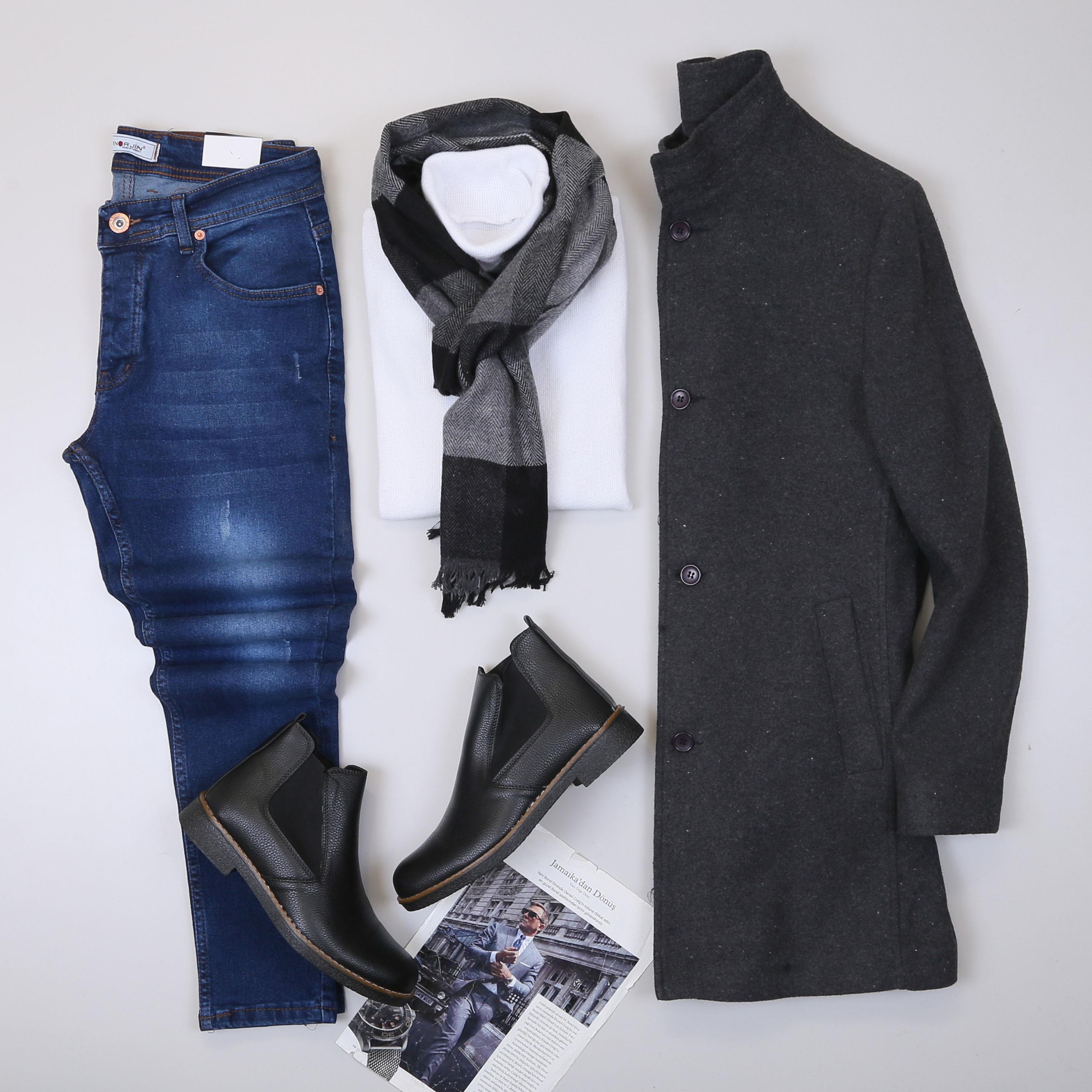 Füme Kaşe Kaban Boğazlı Body Pantolon Bot Kombin