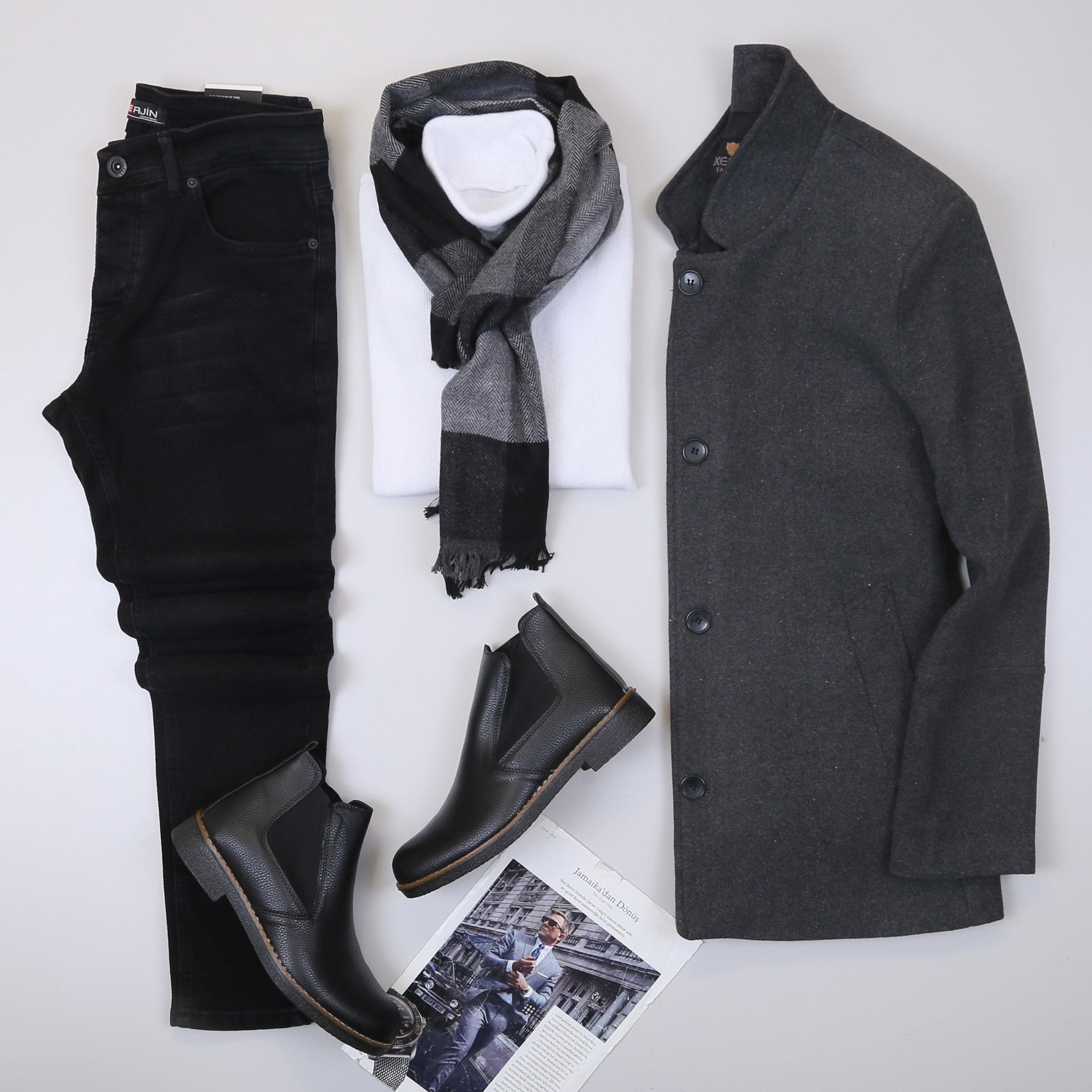 Füme Kaşe Kaban Boğazlı Body Pantolon Bot Kombin