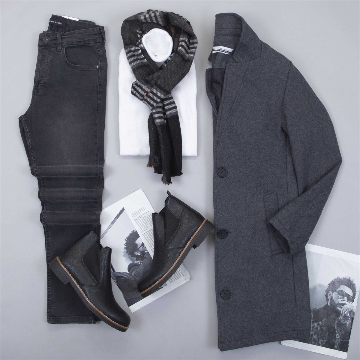 Füme Kaşe Kaban Boğazlı Kazak Pantolon Atkı Bot Kombin