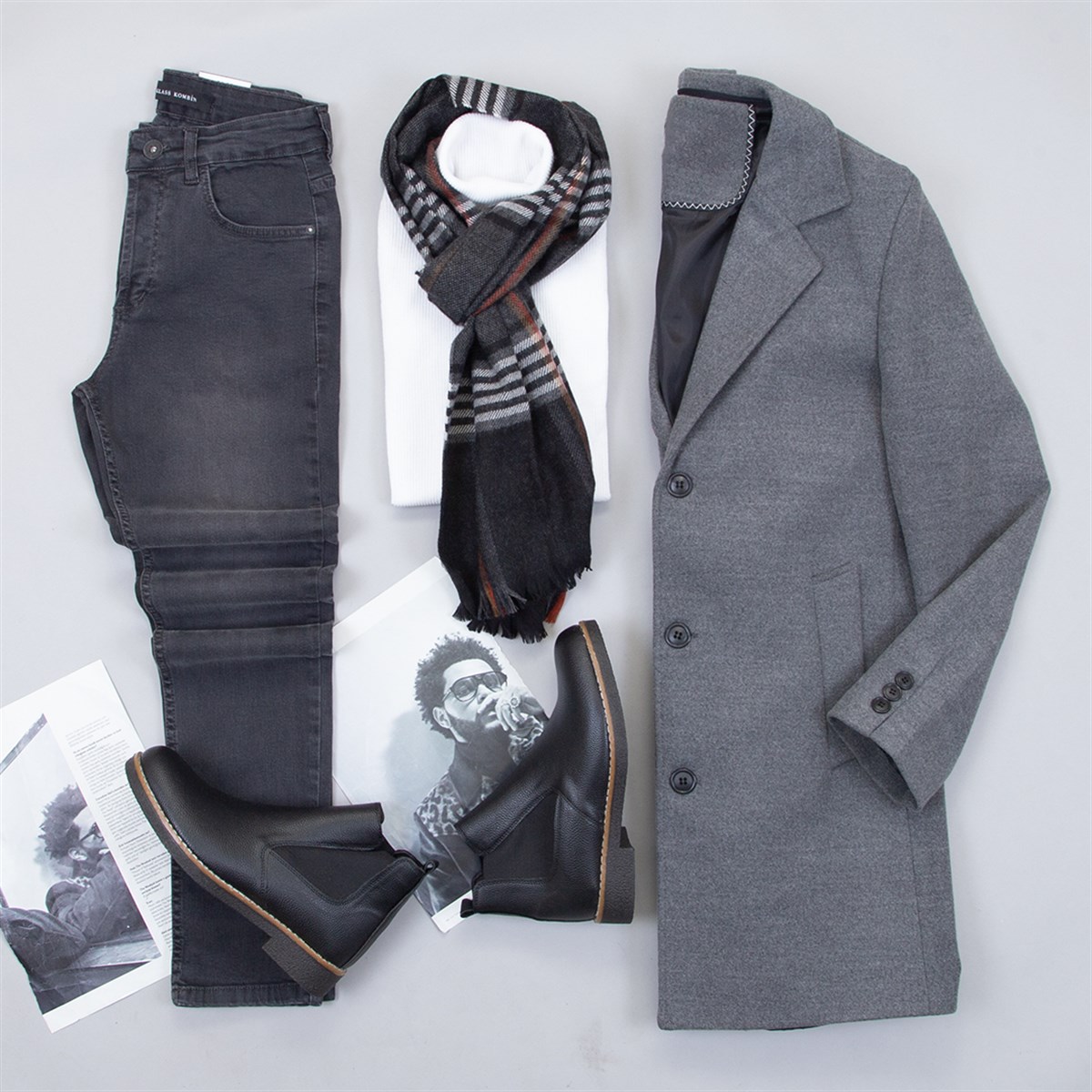 Füme Kaşe Kaban Boğazlı Kazak Pantolon Atkı Bot Kombin