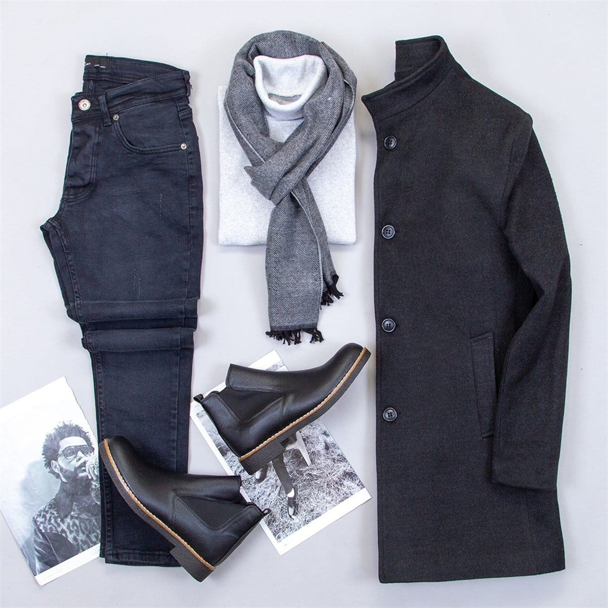 Füme Kaşe Kaban Boğazlı Kazak Pantolon Bot Kombin