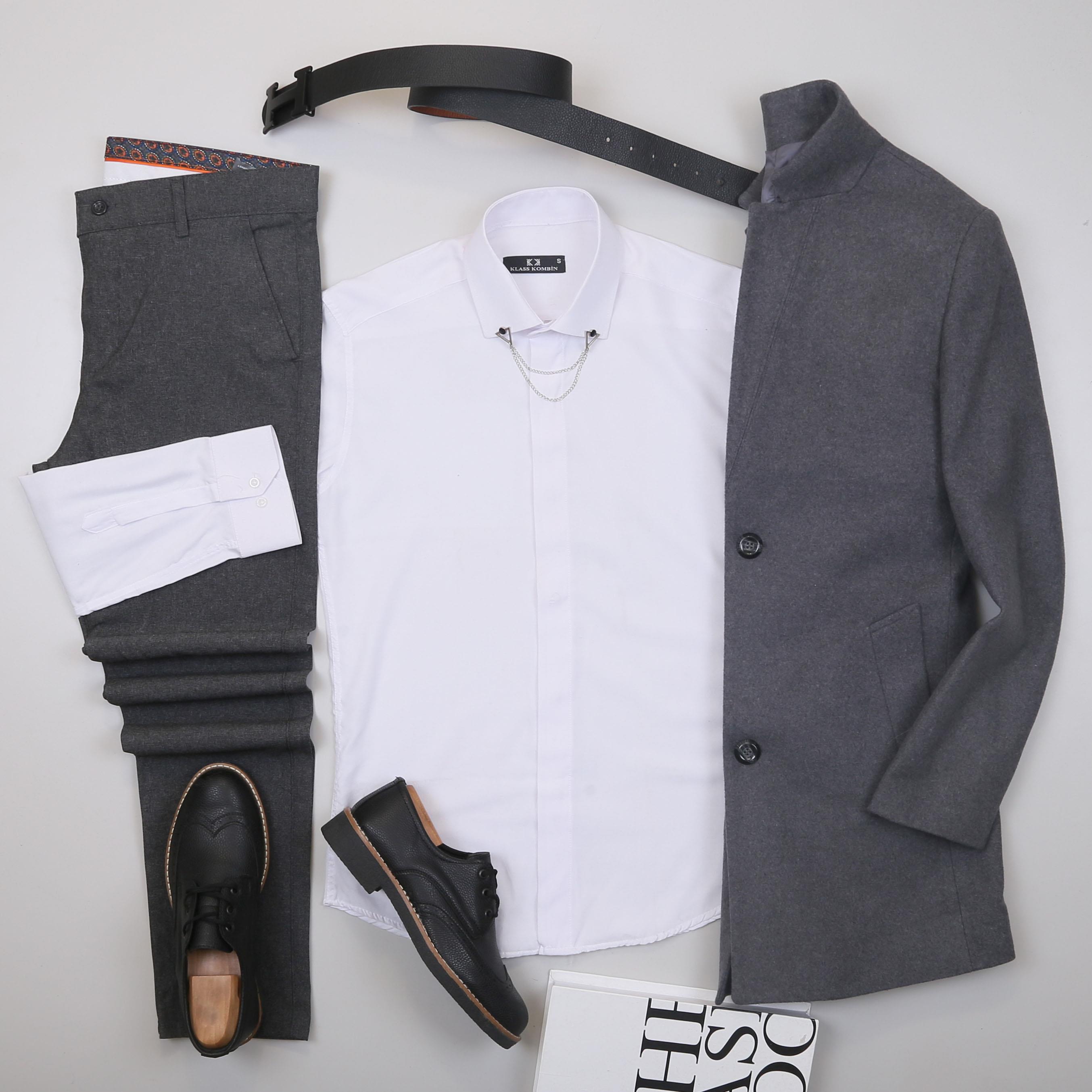 Füme Kaşe Kaban Gömlek Pantolon Ayakkabı Kombin