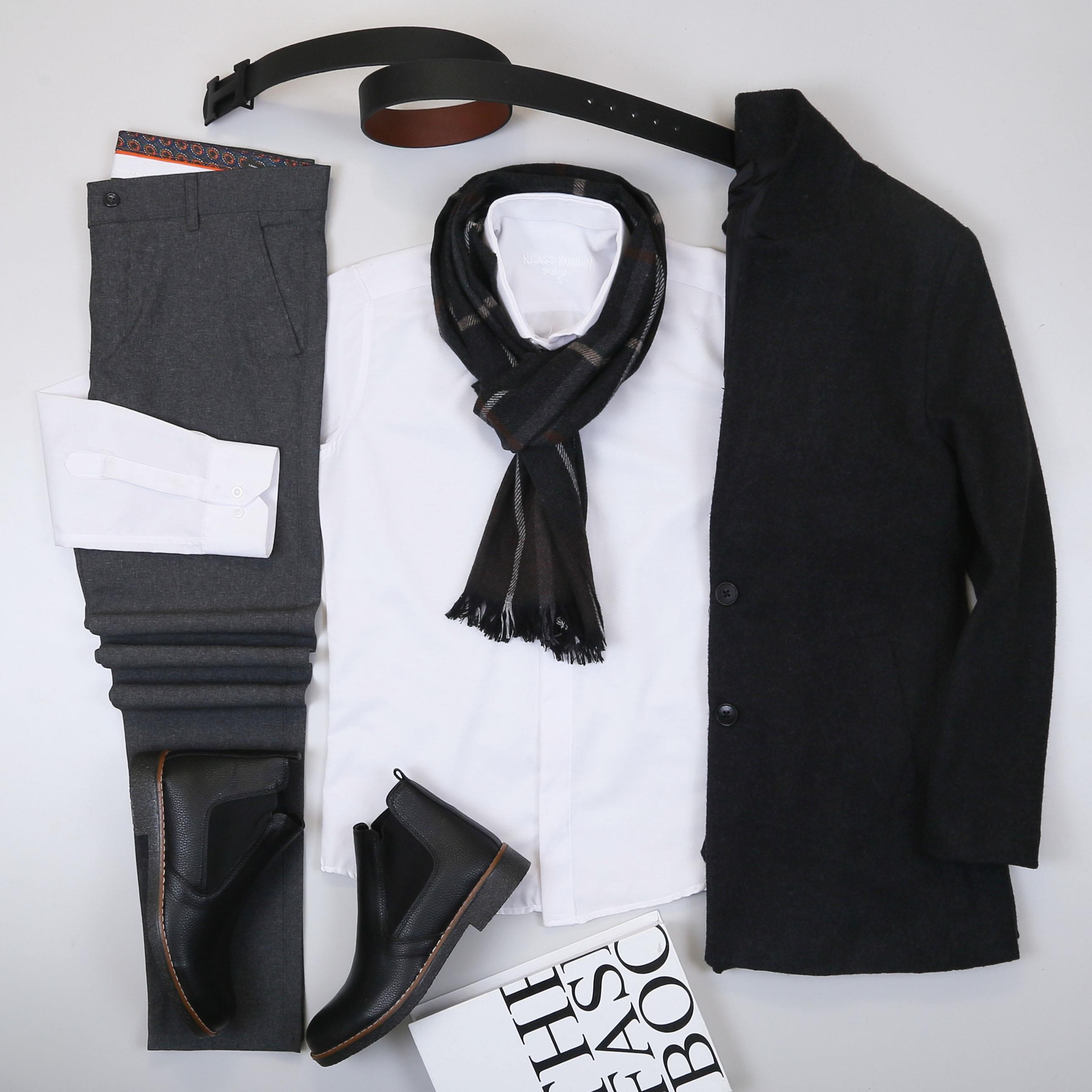 Füme Kaşe Kaban Gömlek Pantolon Bot Kombin