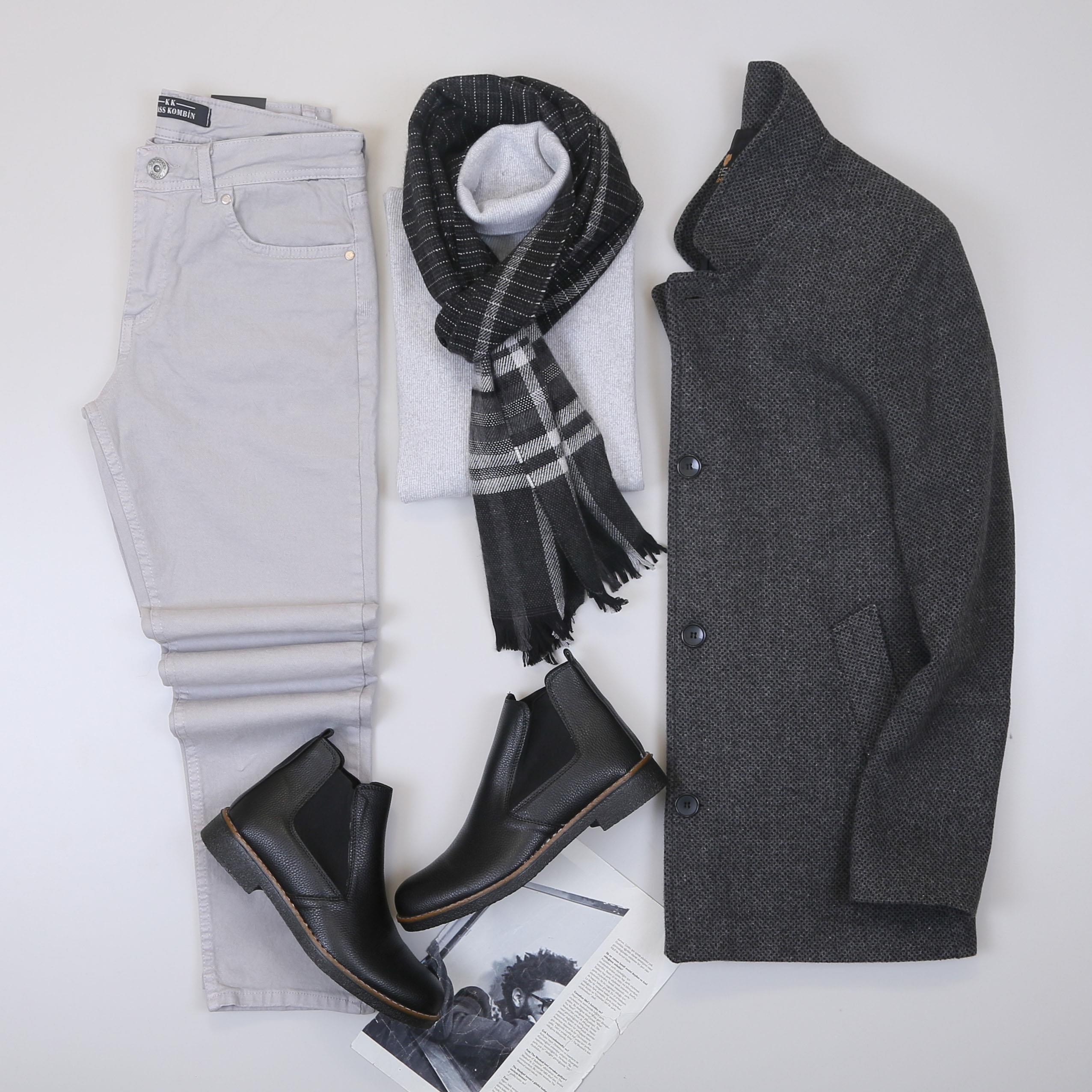 Füme Kırçıllı Kaban Boğazlı Body Pantolon Bot Kombin