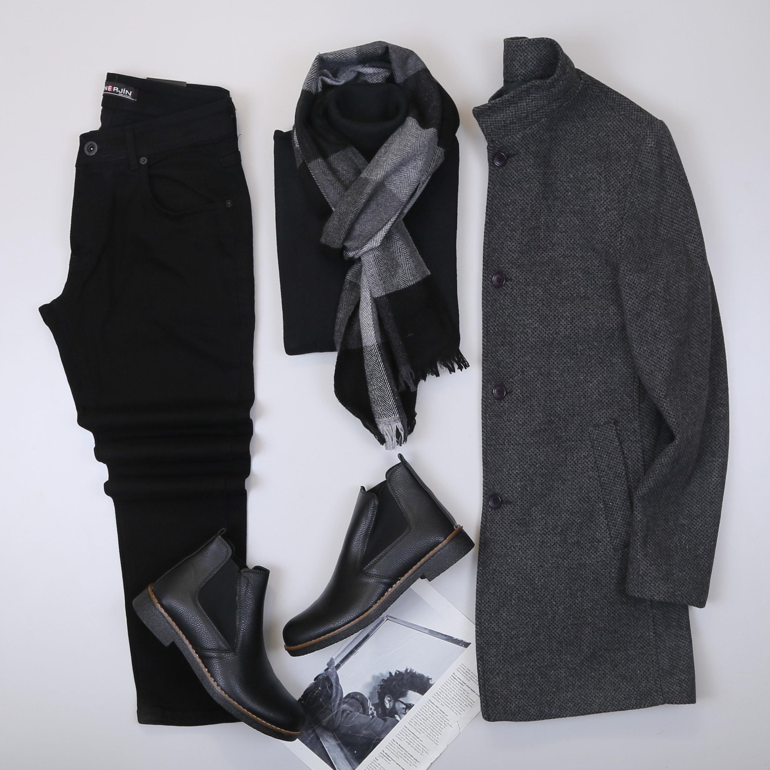 Füme Kırçıllı Kaşe Kaban Boğazlı Body Pantolon Bot Kombin