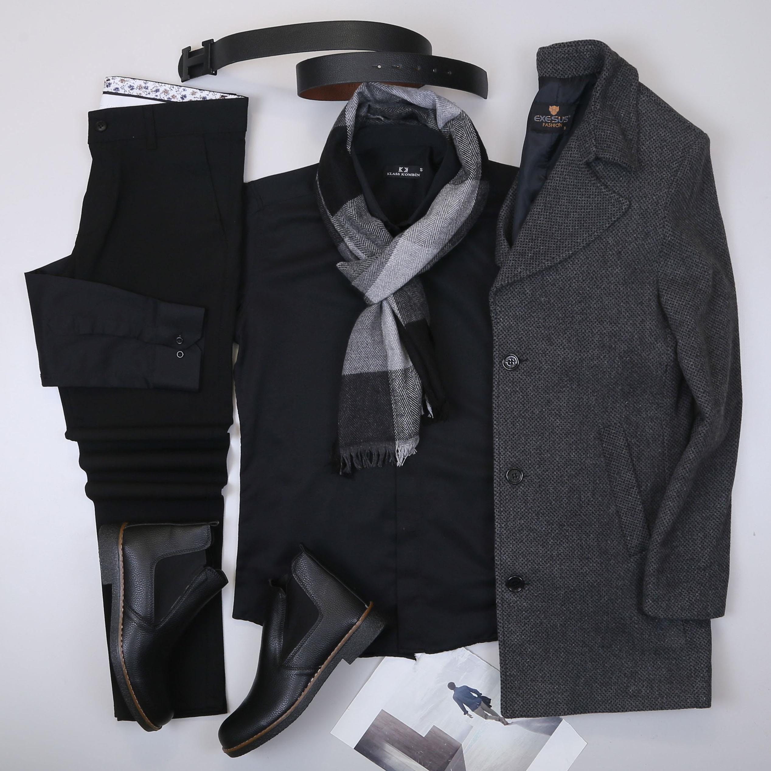 Füme Kırçıllı Kaşe Kaban Gömlek Pantolon Bot Kombin