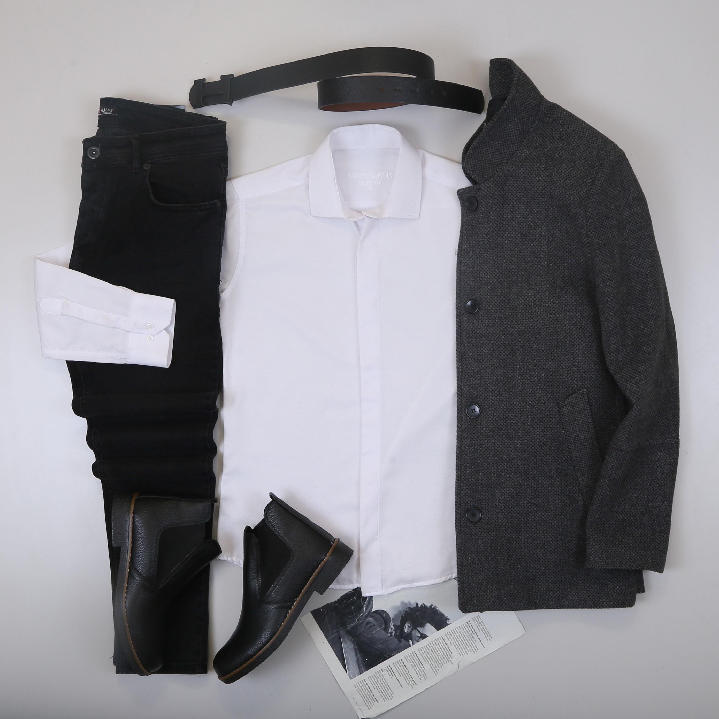 Füme Kırçıllı Kaşe Kaban Gömlek Pantolon Bot Kombin