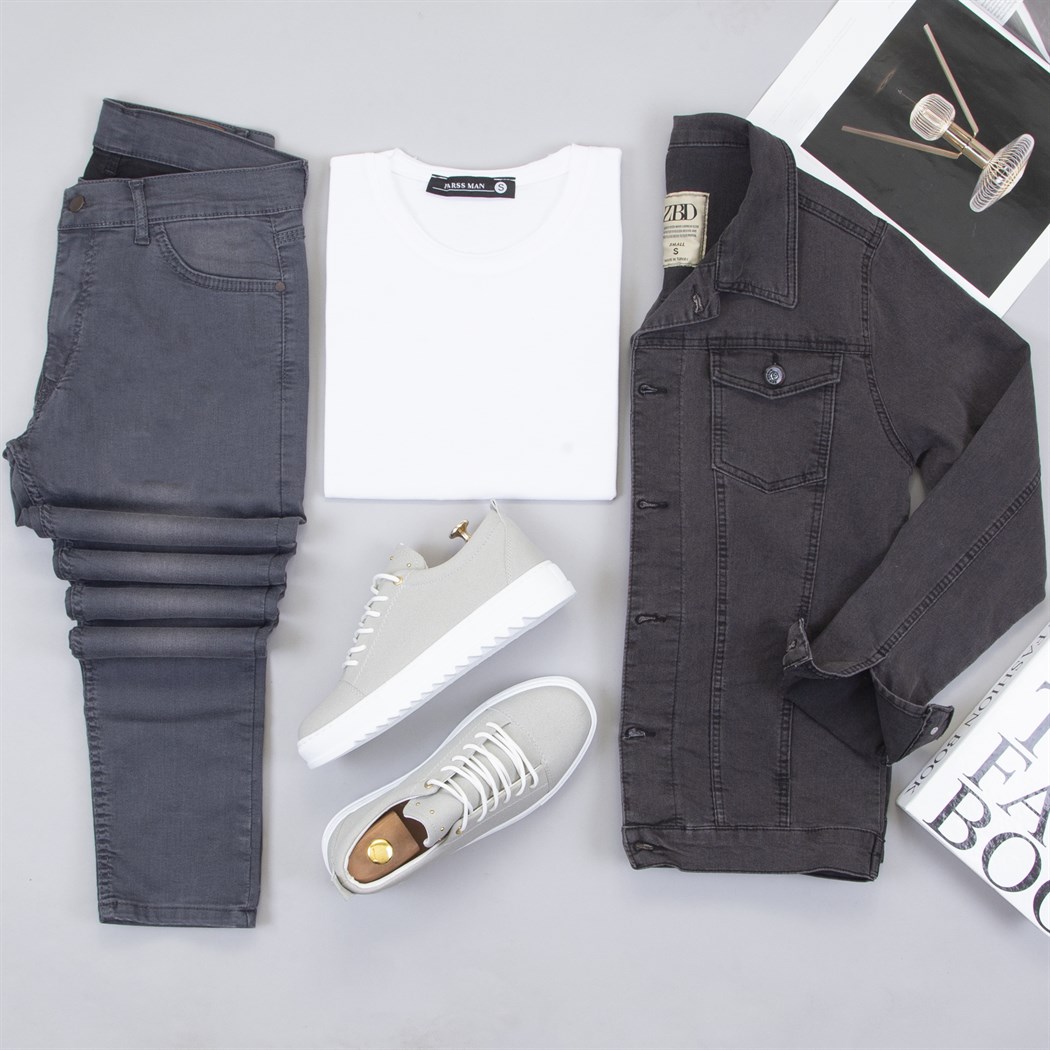 Füme Kot Ceket Tişört Pantolon Ayakkabı Kombin