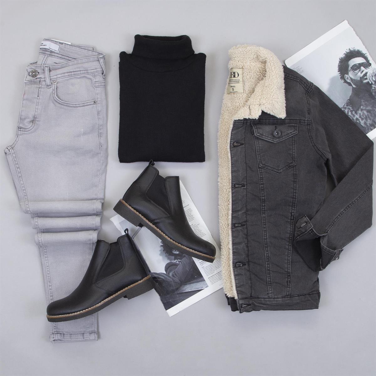 Füme Kürklü Kot Ceket Boğazlı Kazak Pantolon Bot Kombin