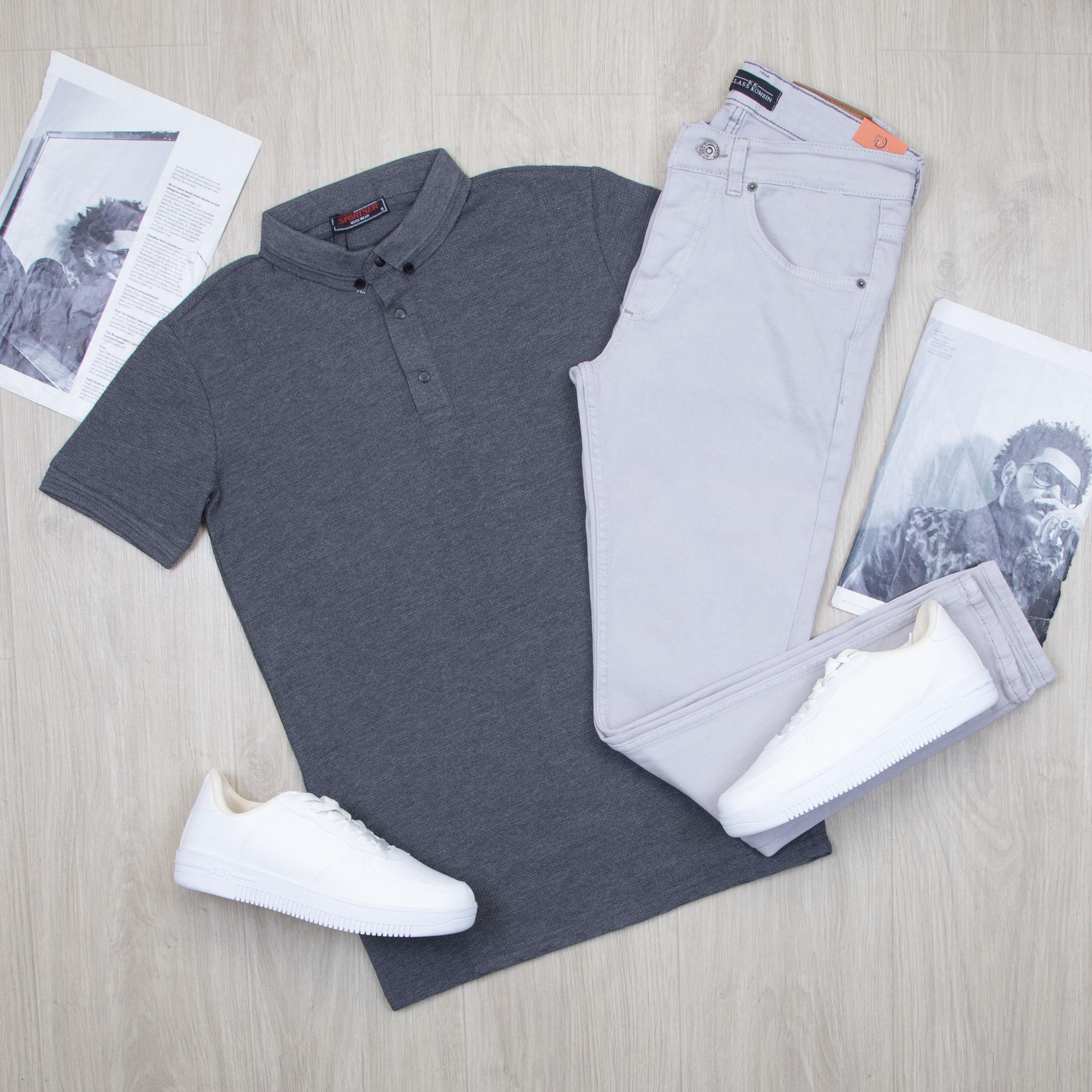 Füme Polo Yaka Tişört Pantolon Ayakkabı Kombin