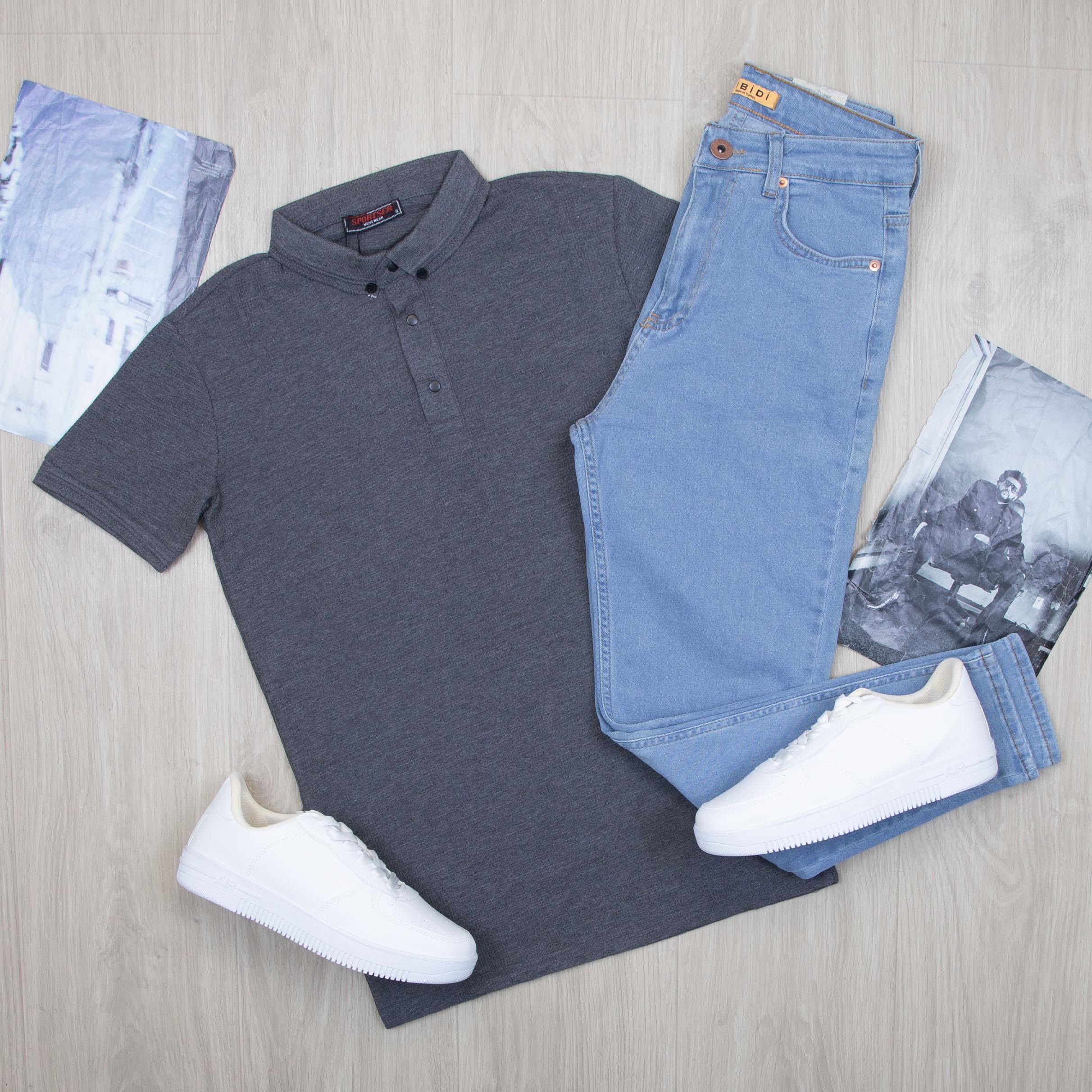 Füme Polo Yaka Tişört Pantolon Ayakkabı Kombin