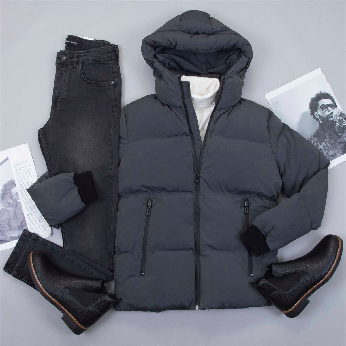 Füme Şişme Mont Kazak Pantolon Bot Kombin