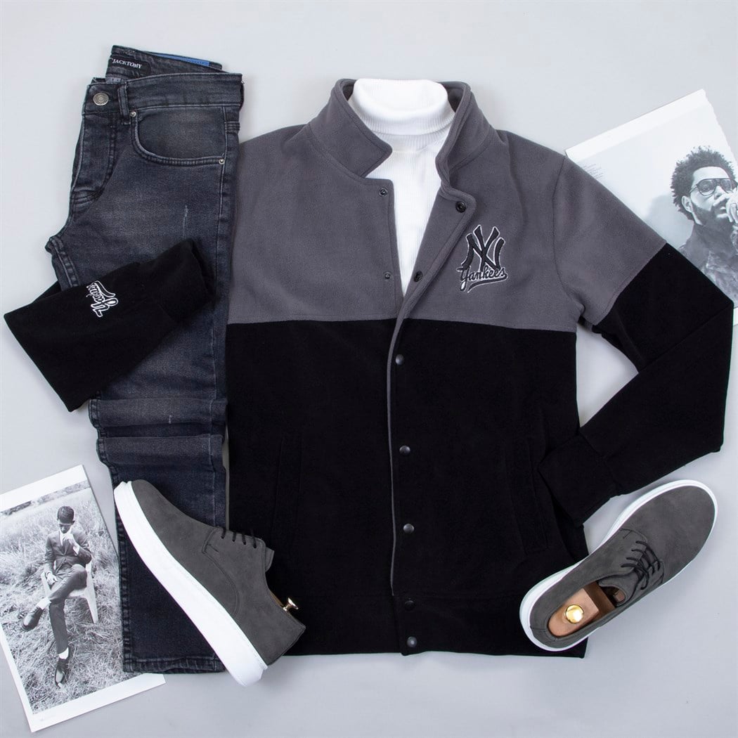 Füme Siyah Polar Kolej Ceket Boğazlı Kazak Pantolon Ayakkabı Kombin