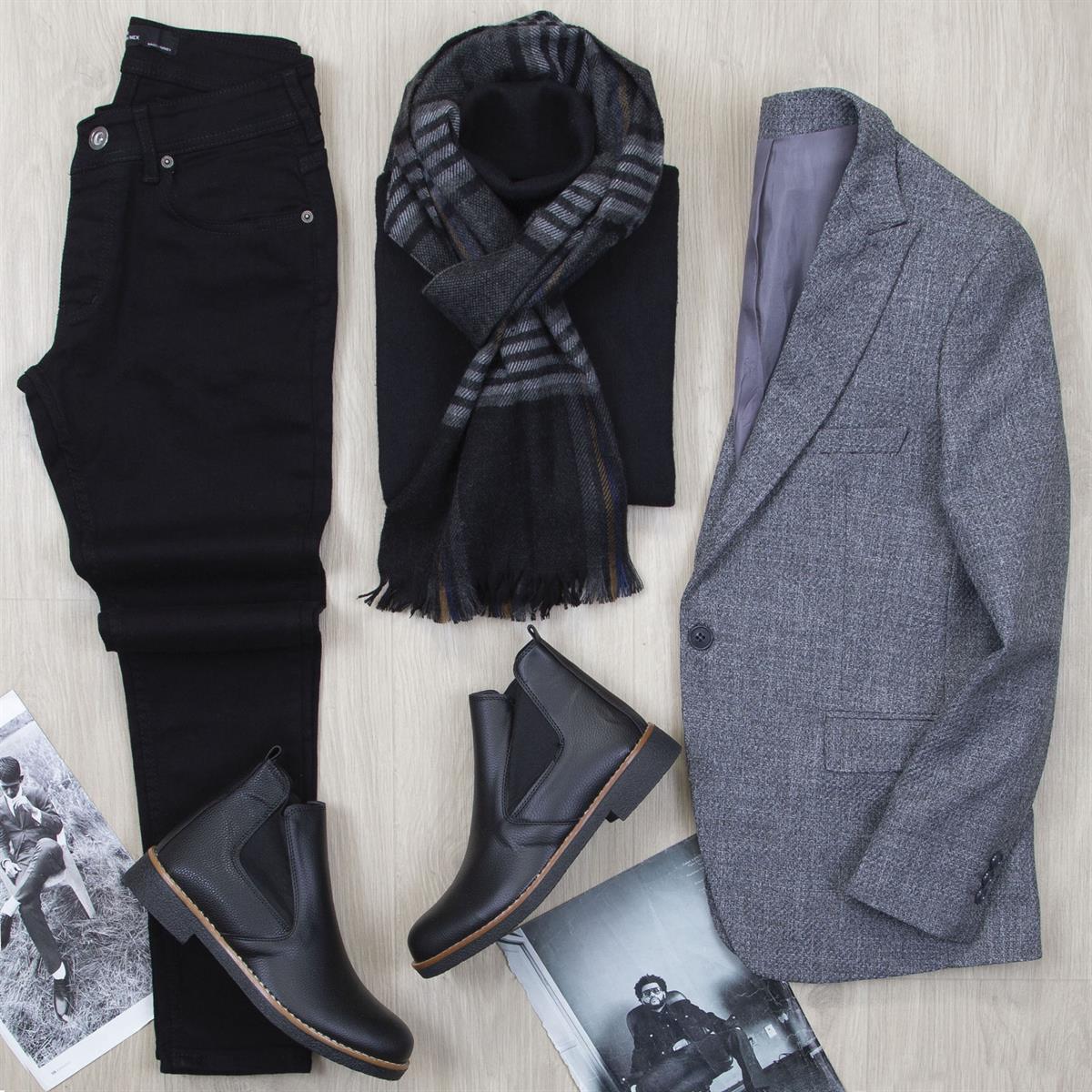 Gri Blazer Ceket Boğazlı Body Pantolon Bot Kombin