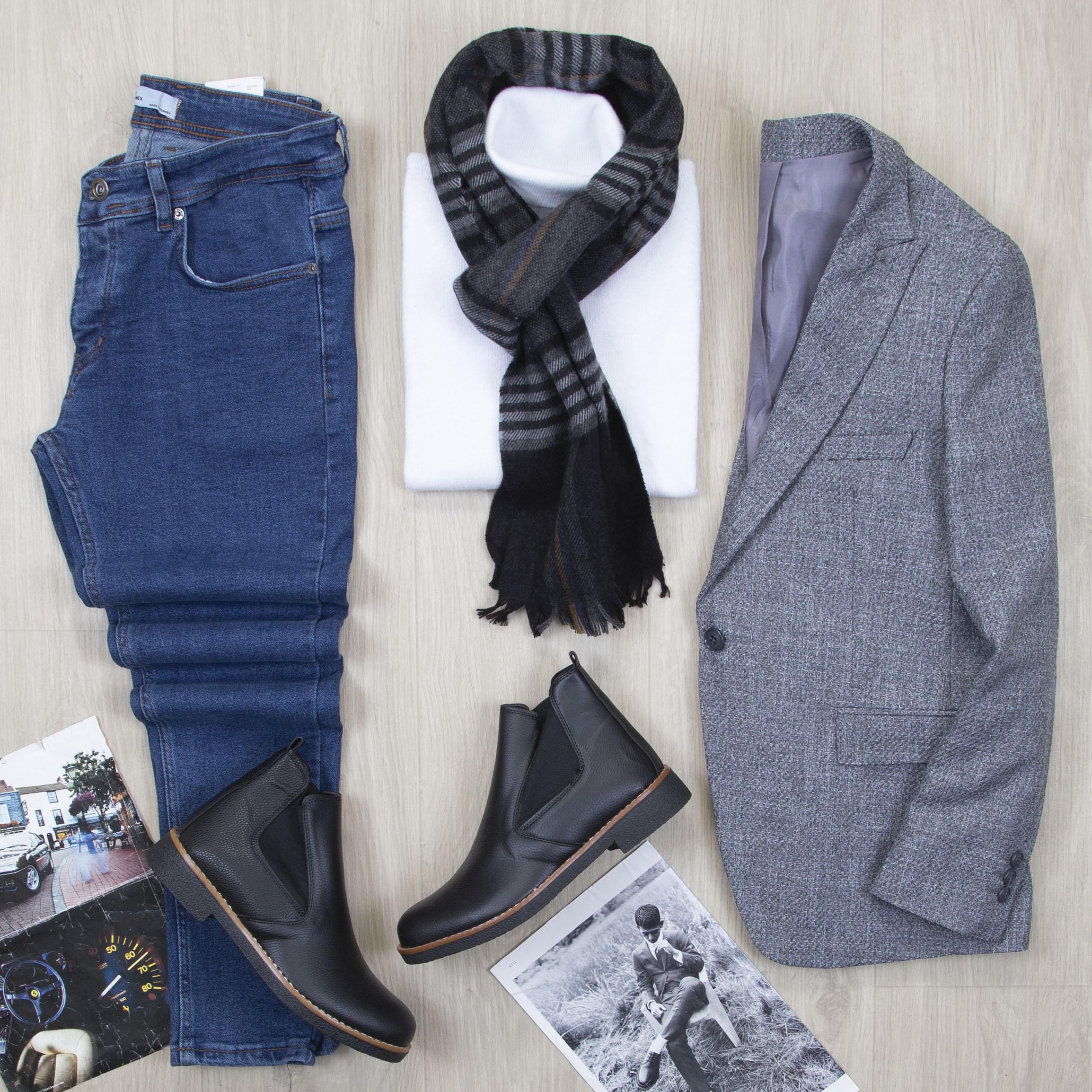 Gri Blazer Ceket Boğazlı Body Pantolon Bot Kombin