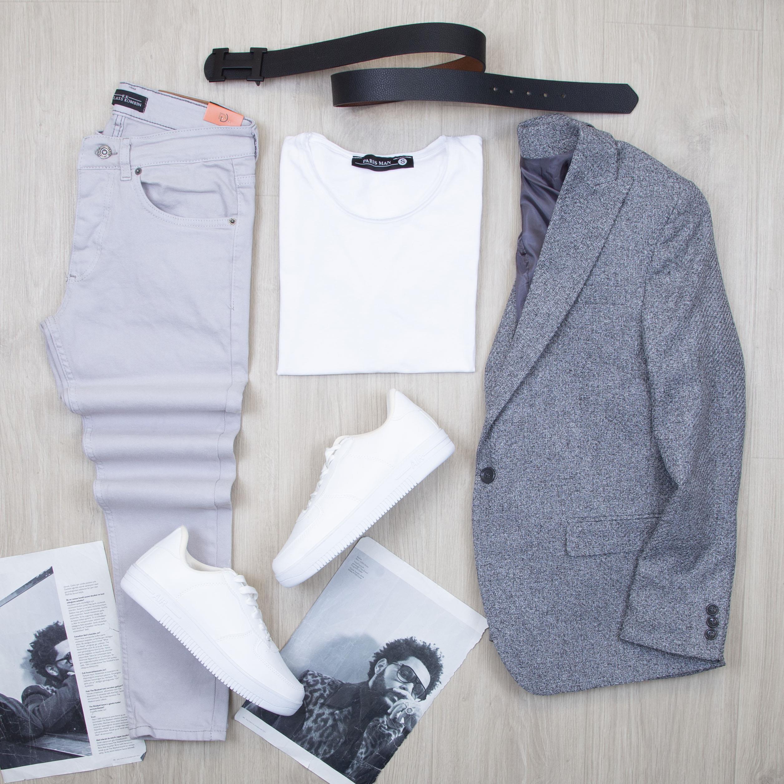 Gri Blazer Ceket Tişört Pantolon Ayakkabı Kombin