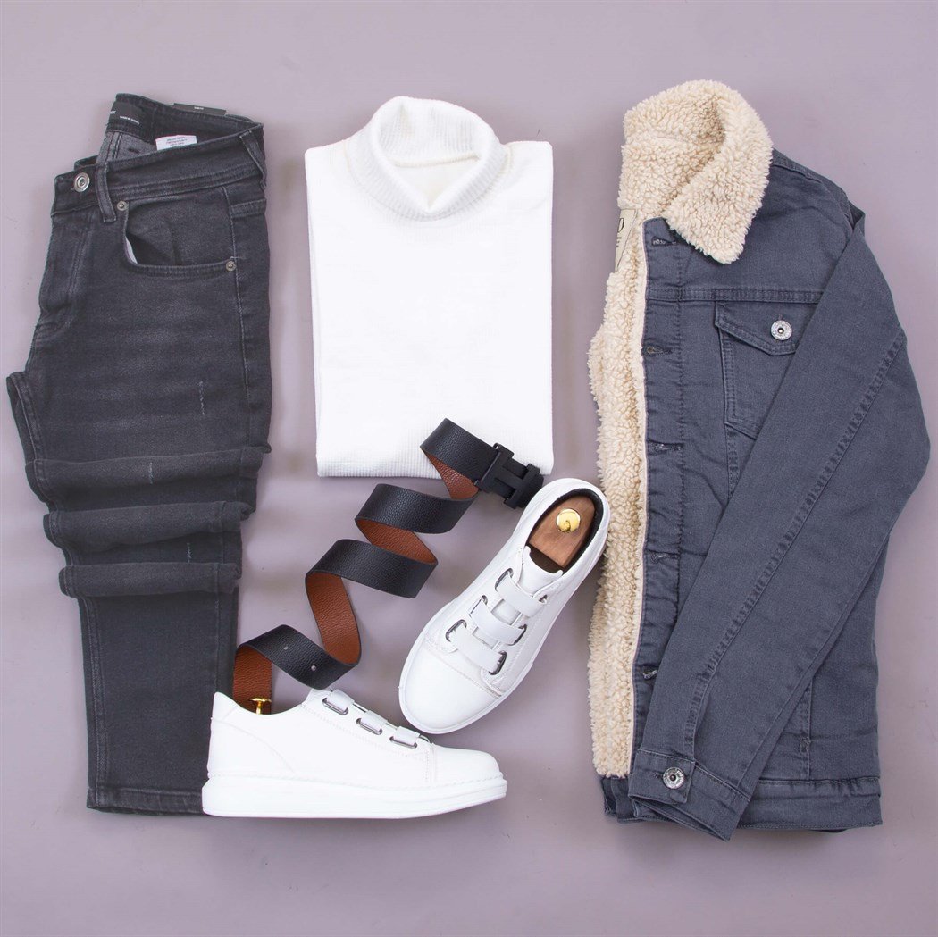 Gri Ceket Kazak Pantolon Aykkabı Kombin