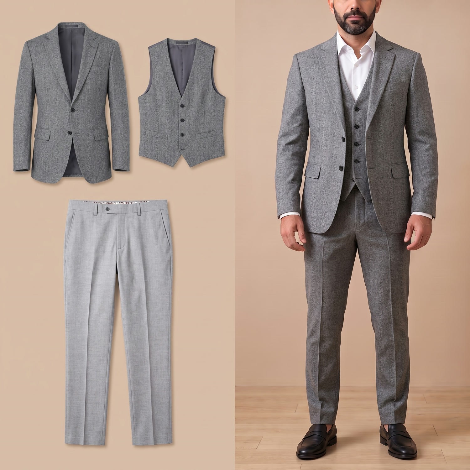 Gri Ceket Yelek Pantolon Takım Erkek | Slim Fit Şık 3'lü Kombin Set