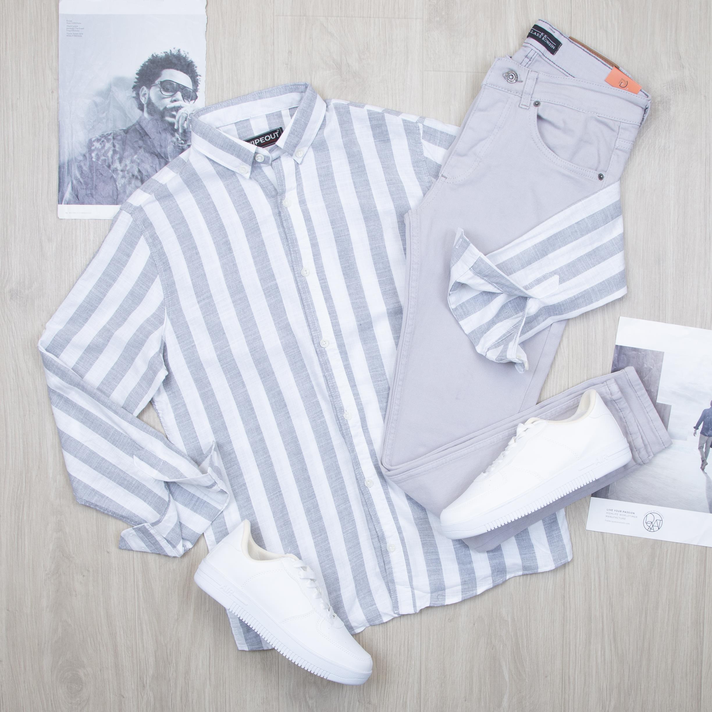 Gri çizgili Gömlek Pantolon Ayakkabı Kombin