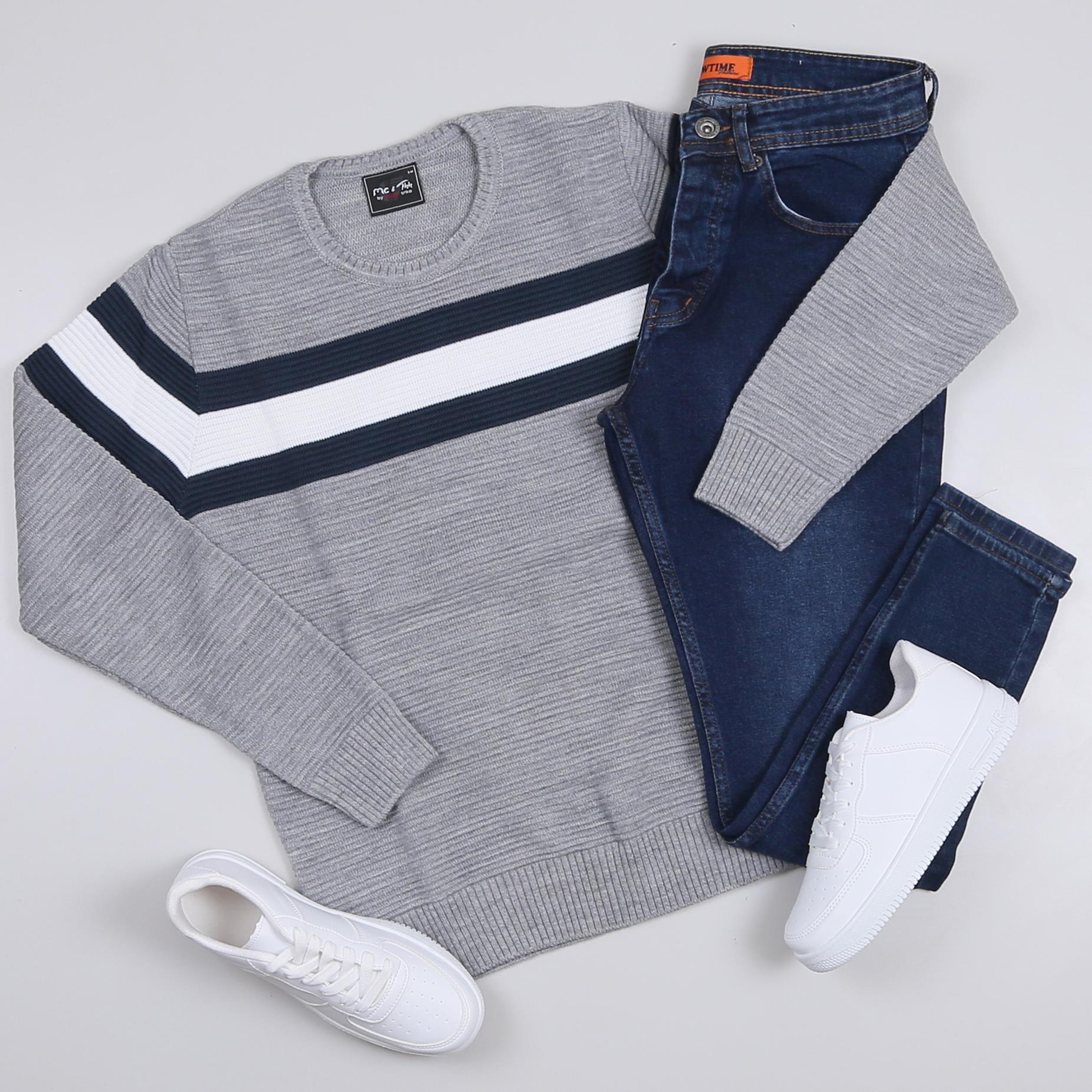 Gri Çizgili Kazak Pantolon Ayakkabı Kombini