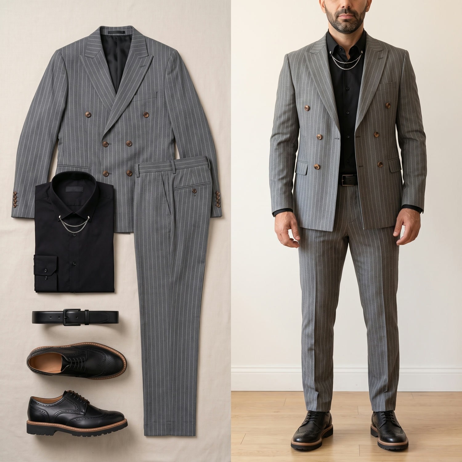 Gri Çizgili Kruvaze Takım Elbise Kombini Erkek | Slim Fit Şık Komple Set 