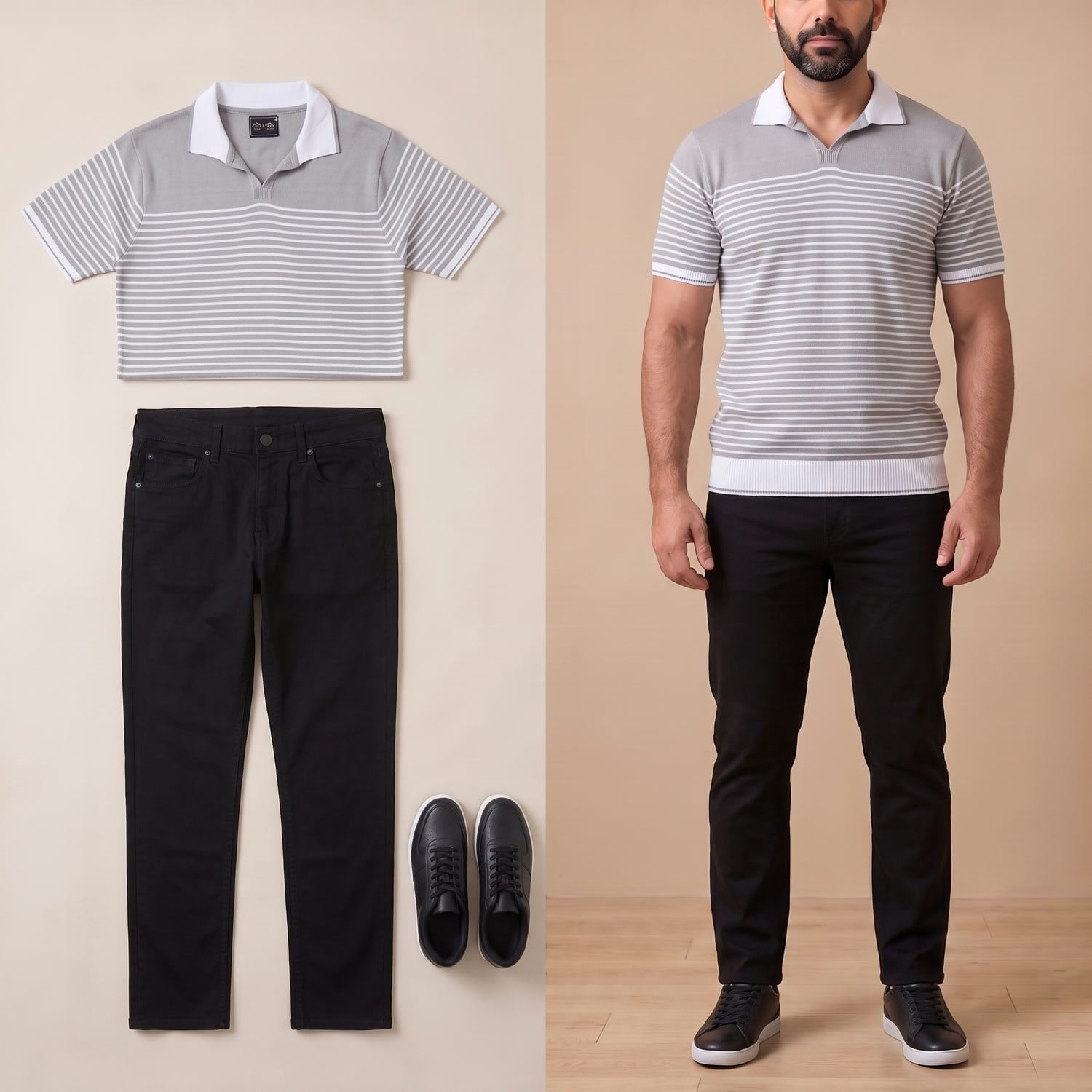 Gri Çizgili Triko Polo Yaka Tişört Kombini Erkek | Slim Fit Şık Komple Set