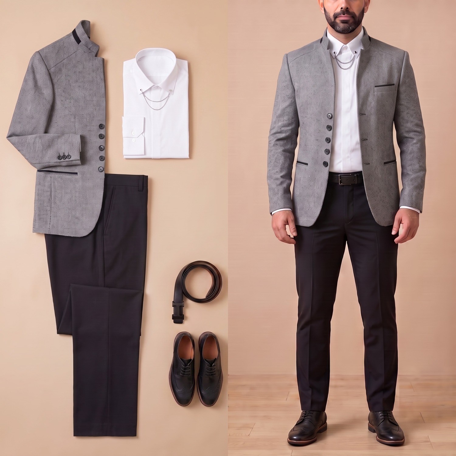 Gri Dik Yaka Blazer Ceket Kombini
