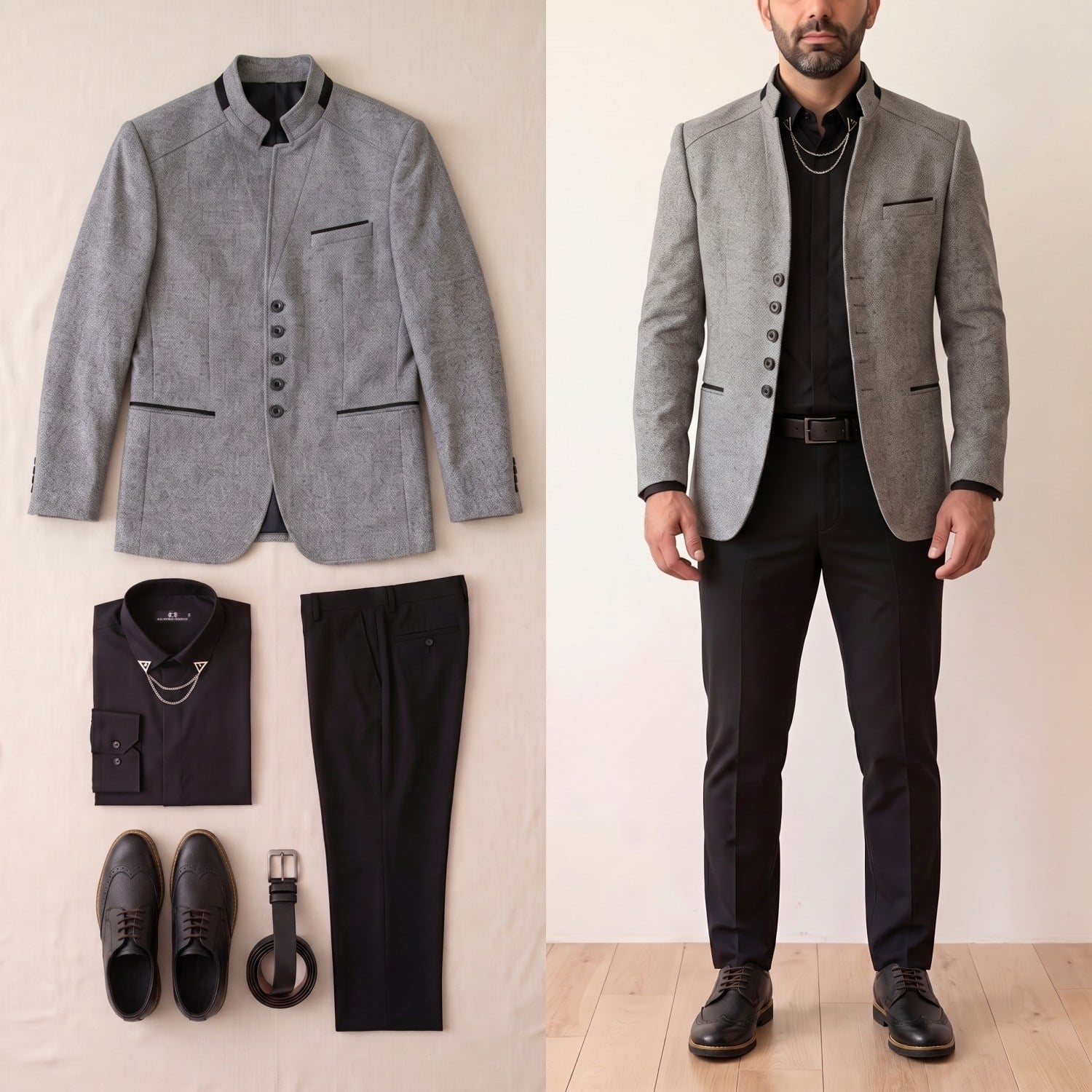 Gri Dik Yaka Blazer Ceket Kombini Erkek | Slim Fit Şık Komple Set 