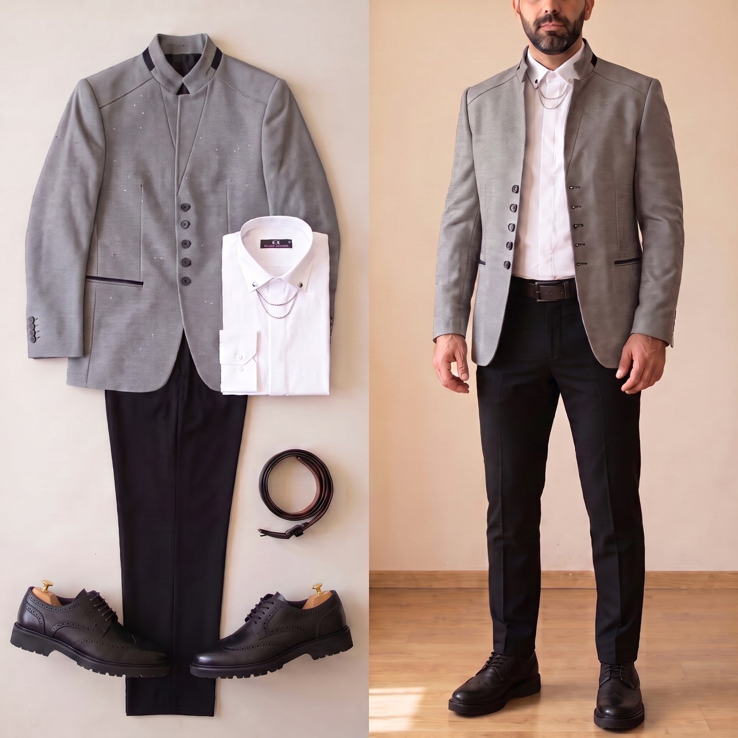 Gri Dik Yaka Blazer Ceket Kombini Erkek | Slim Fit Şık Komple Set