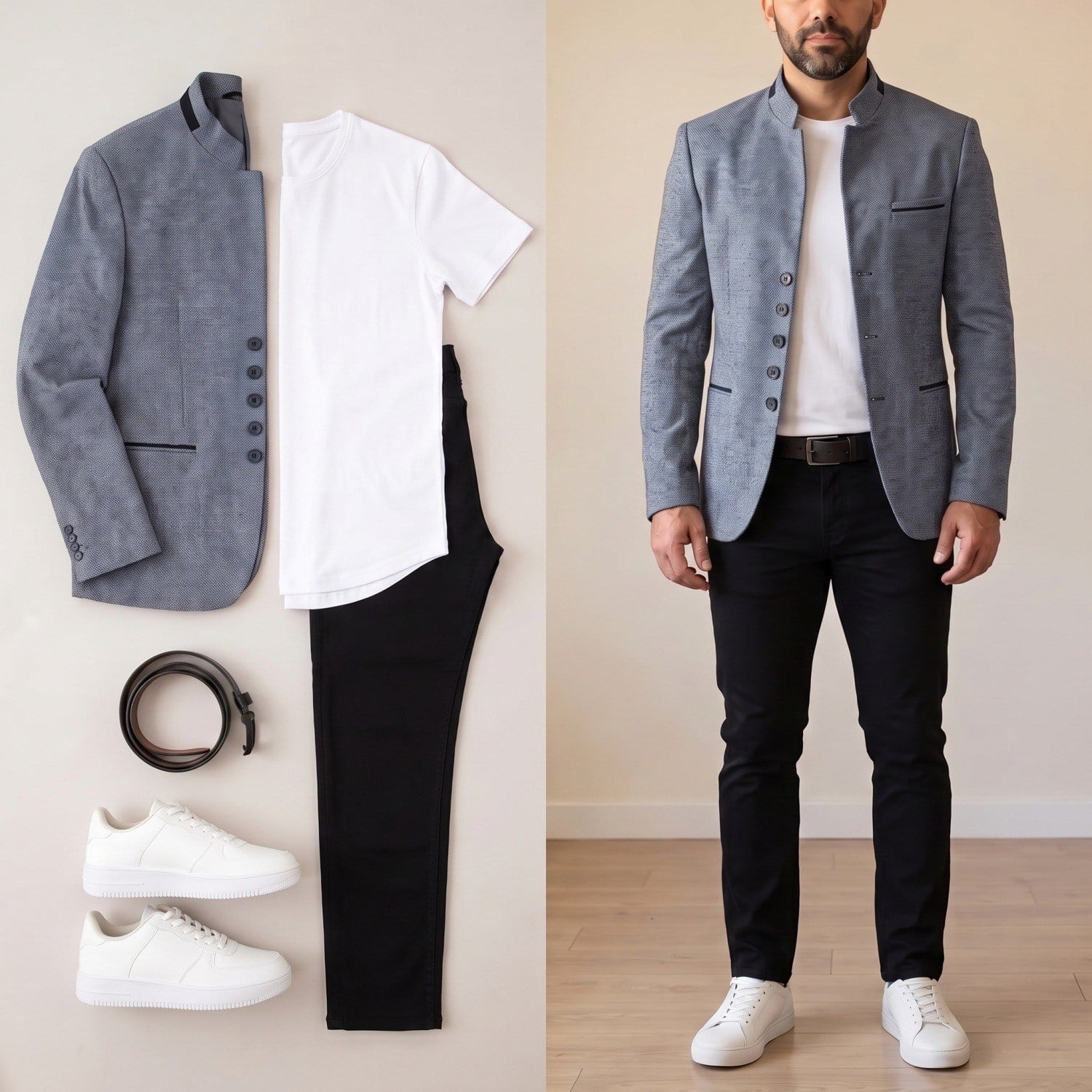 Gri Dik Yaka Blazer Ceket Kombini Erkek | Slim Fit Tişörtlü Şık Komple Set 