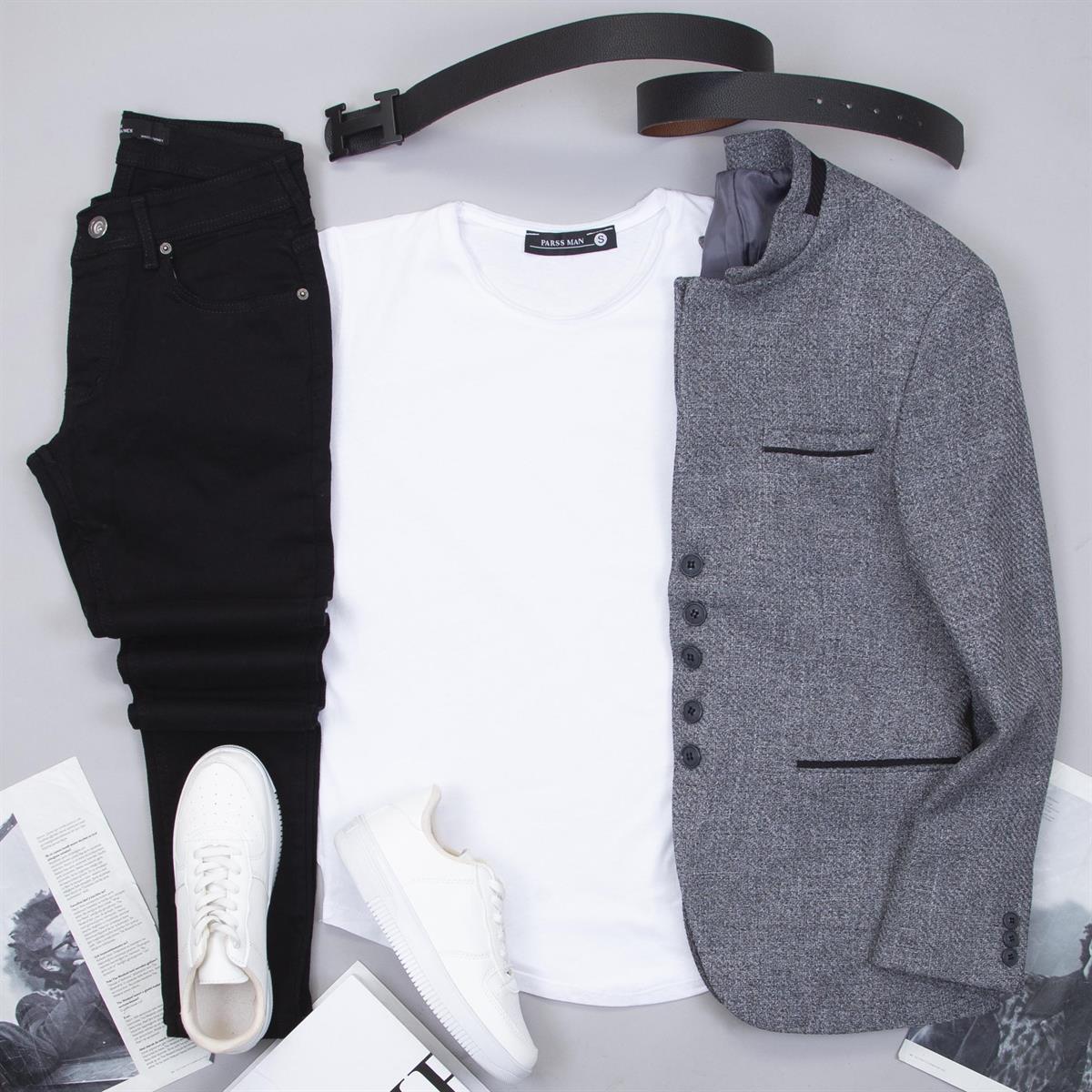 Gri Dik Yaka Blazer Ceket Tişört Pantolon Ayakkabı Kombin