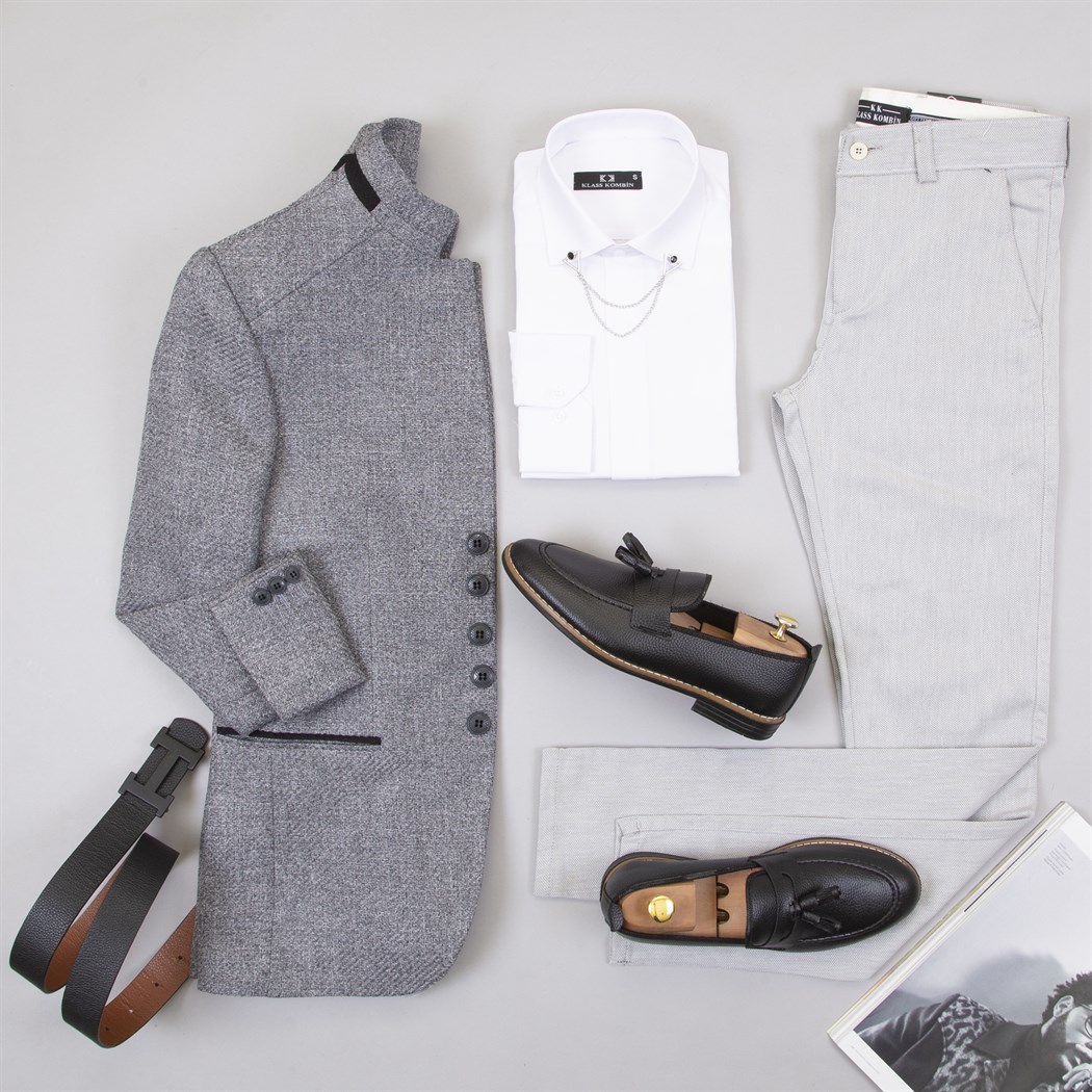 Gri Dik Yaka Ceket Gömlek Pantolon Ayakkabı