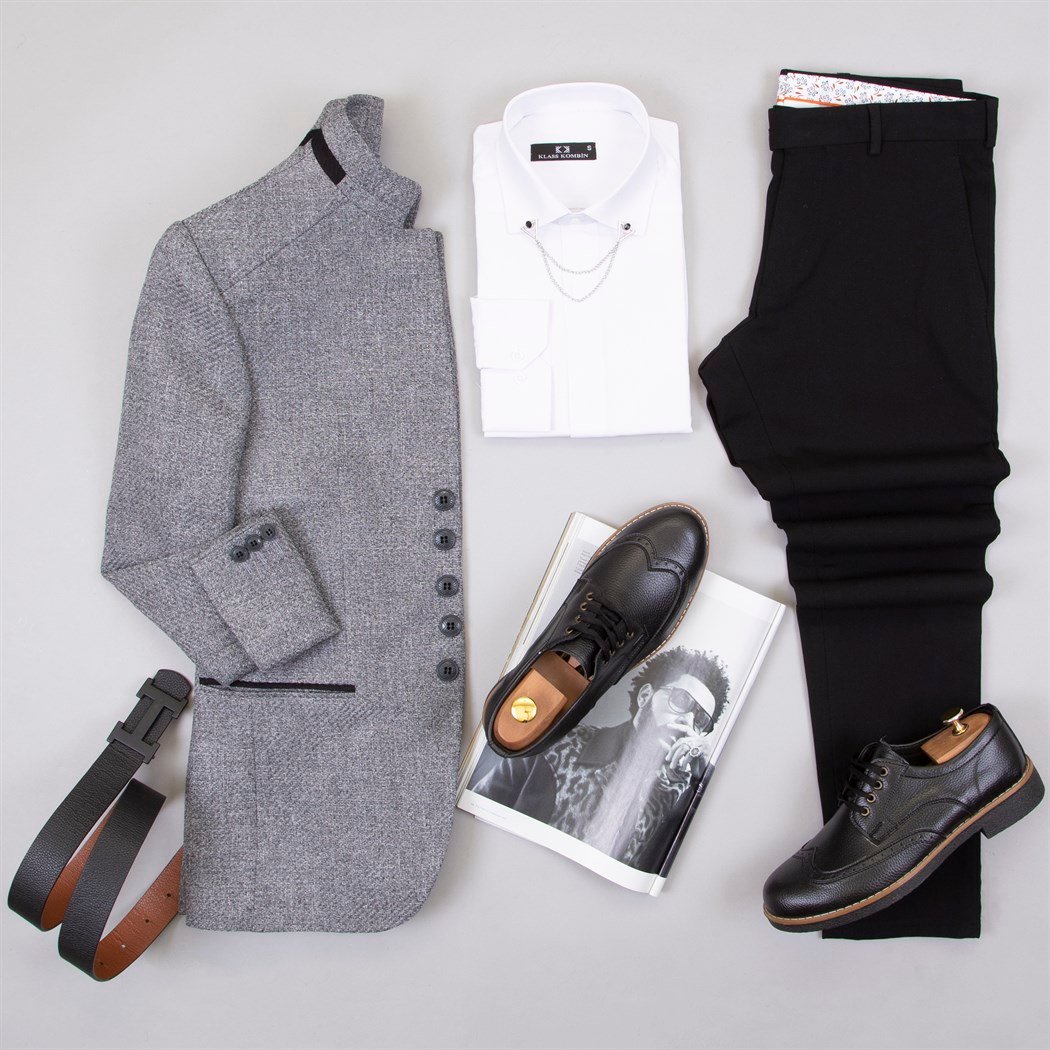 Gri Dik Yaka Ceket Gömlek Pantolon Ayakkabı