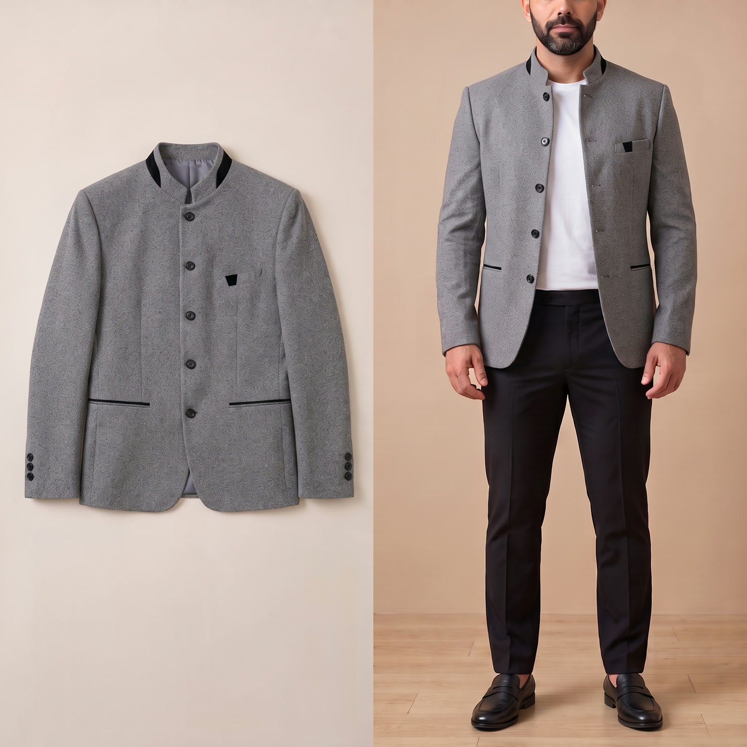 Gri Dik Yaka Tek Ceket Erkek | Slim Fit Modern Şık Blazer Ceket