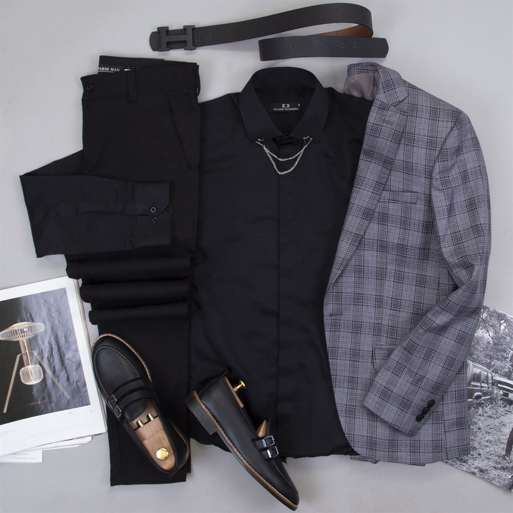 Gri Ekoseli Blazer Ceket Gömlek Pantolon Ayakkabı Kombin