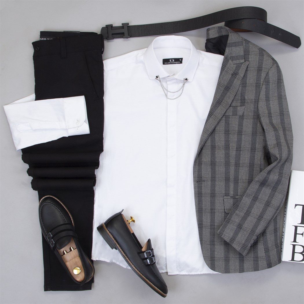 Gri Ekoseli Blazer Ceket Gömlek Pantolon Ayakkabı Kombin