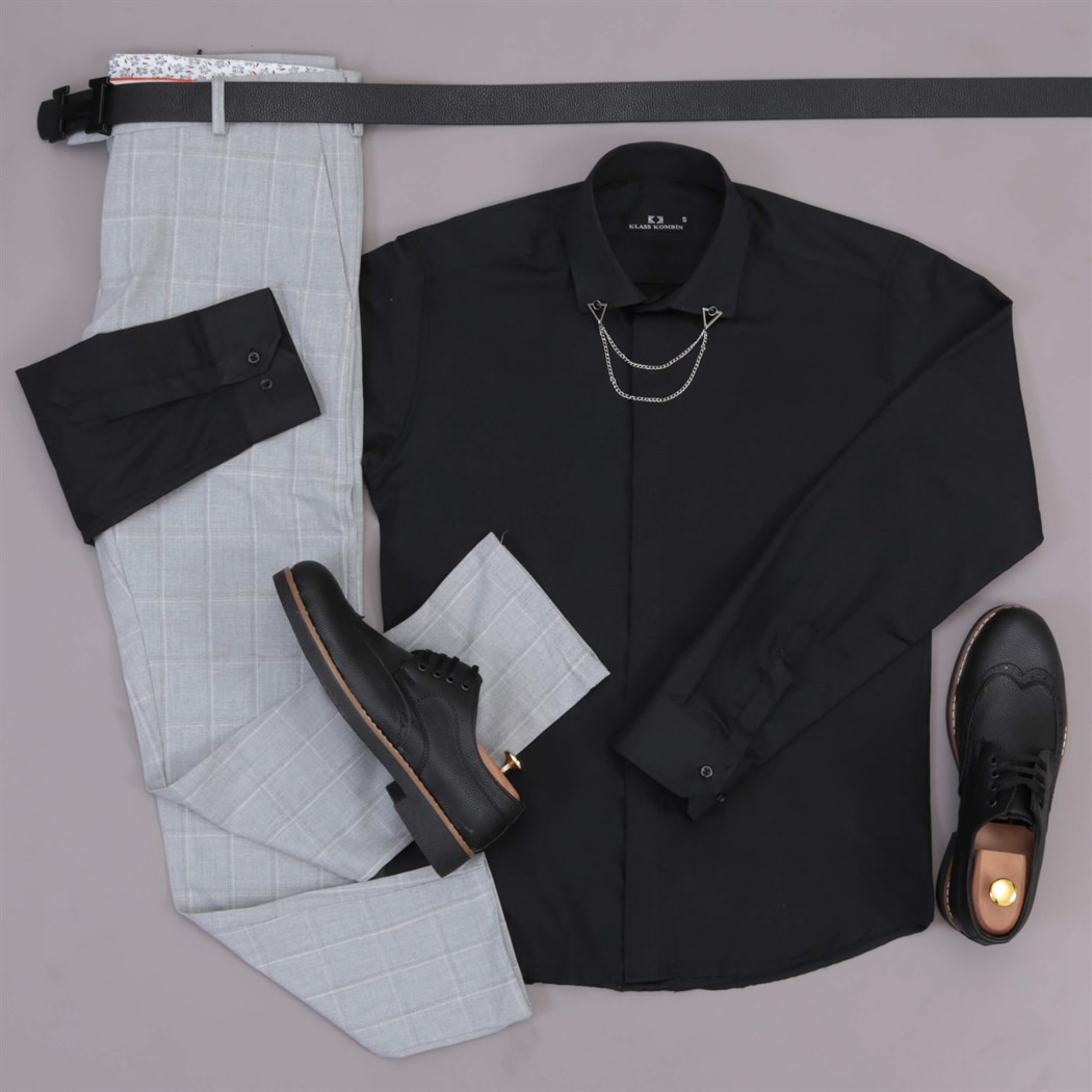 Gri Ekoseli Pantolon Ayakkabı Gömlek Kombini