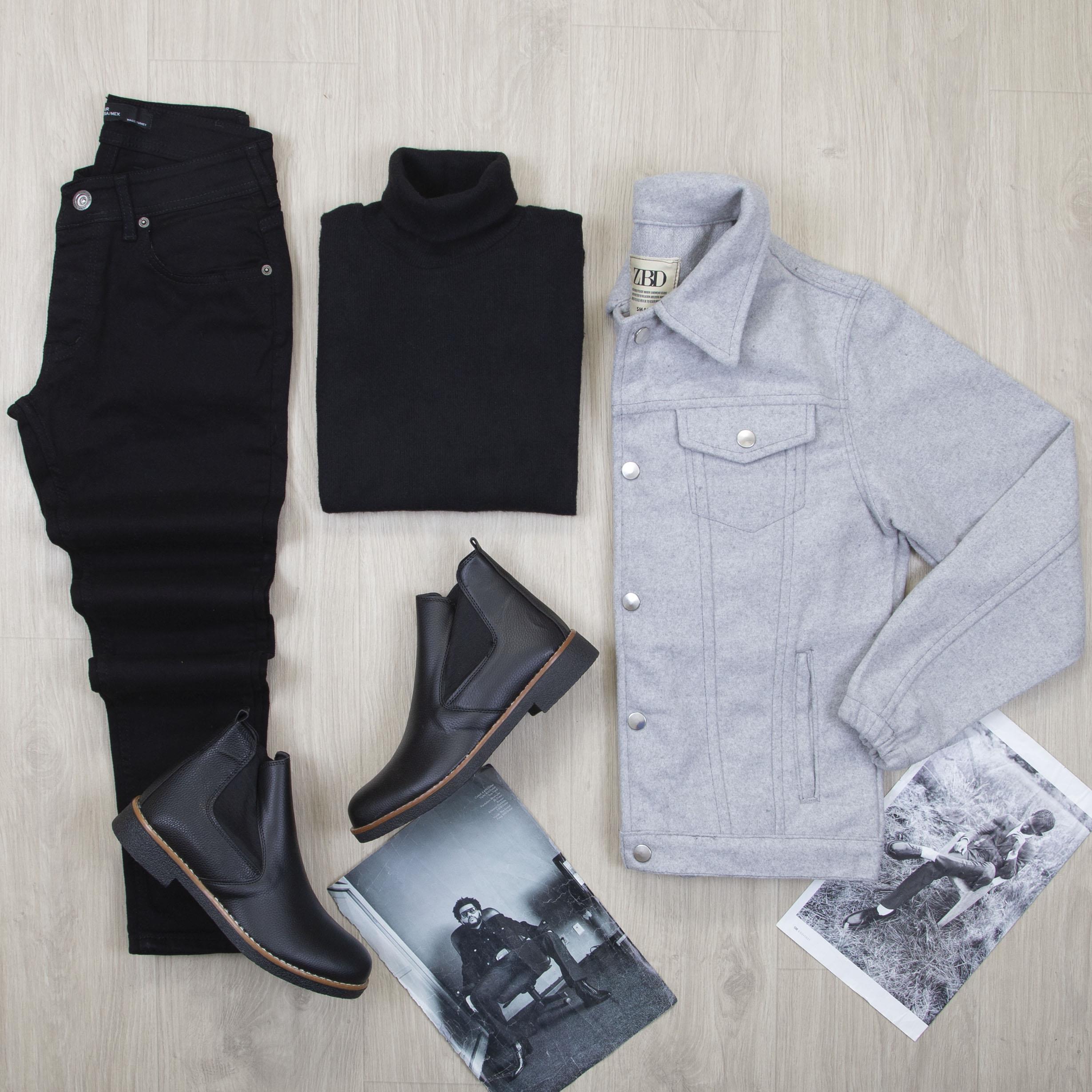 Gri Kaşe Ceket Boğazlı Body Pantolon Bot Kombin