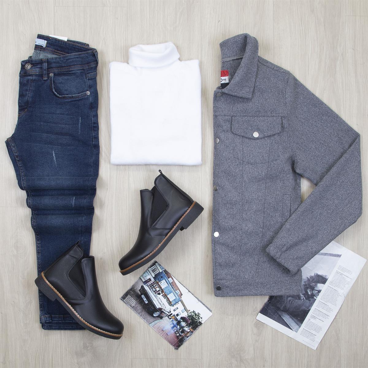 Gri Kaşe Ceket Boğazlı Body Pantolon Bot Kombin