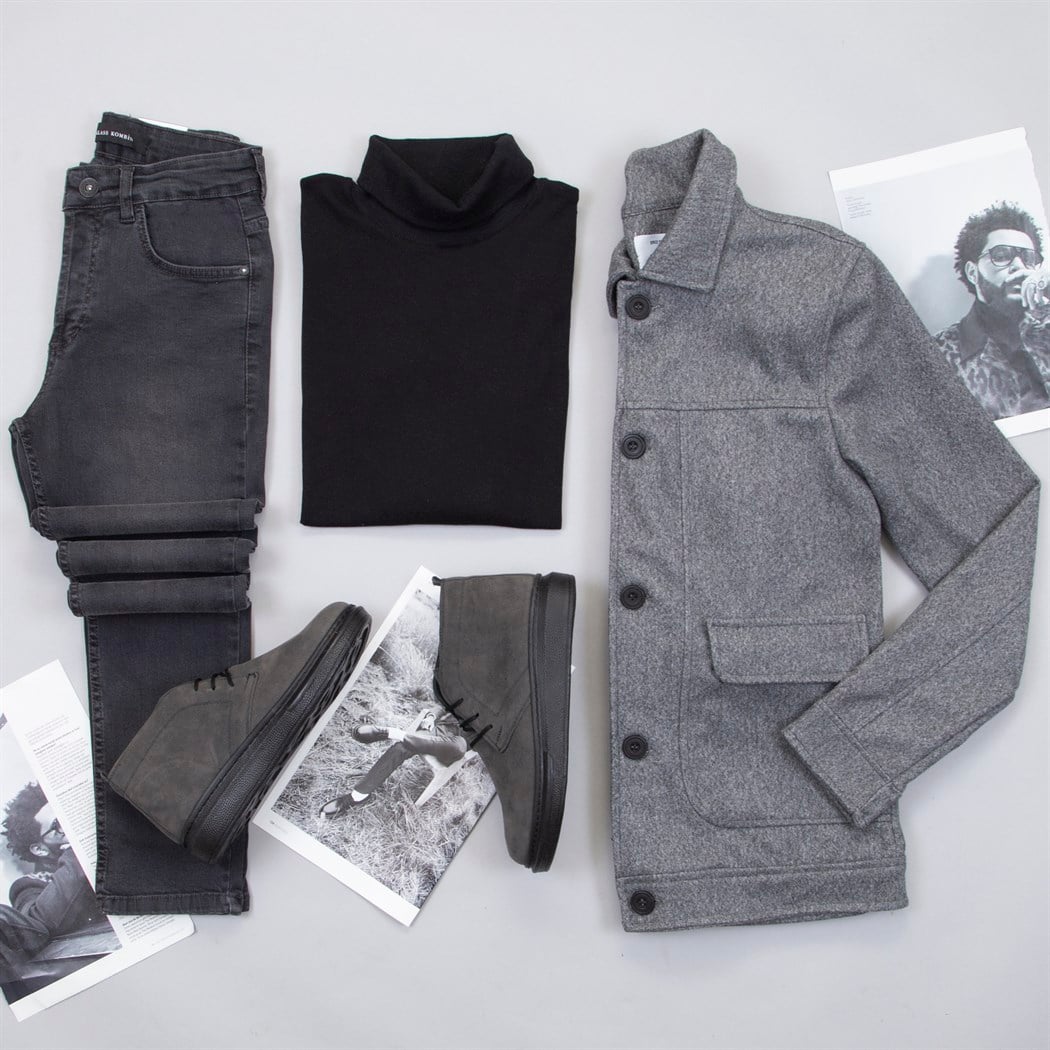 Gri Kaşe Ceket Boğazlı Kazak Pantolon Bot Kombin