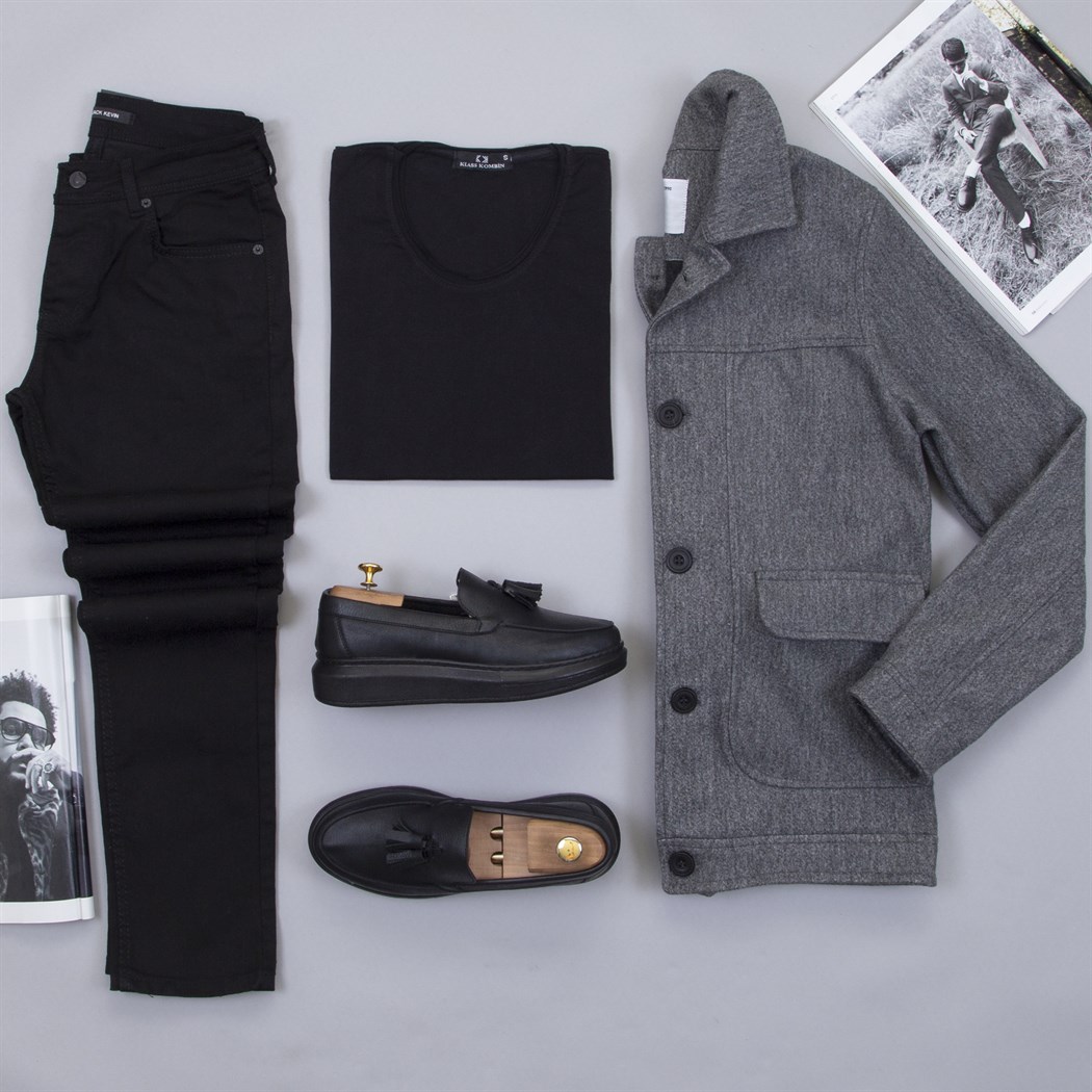 Gri Kaşe Ceket Tişört Pantolon Ayakkabı Kombin